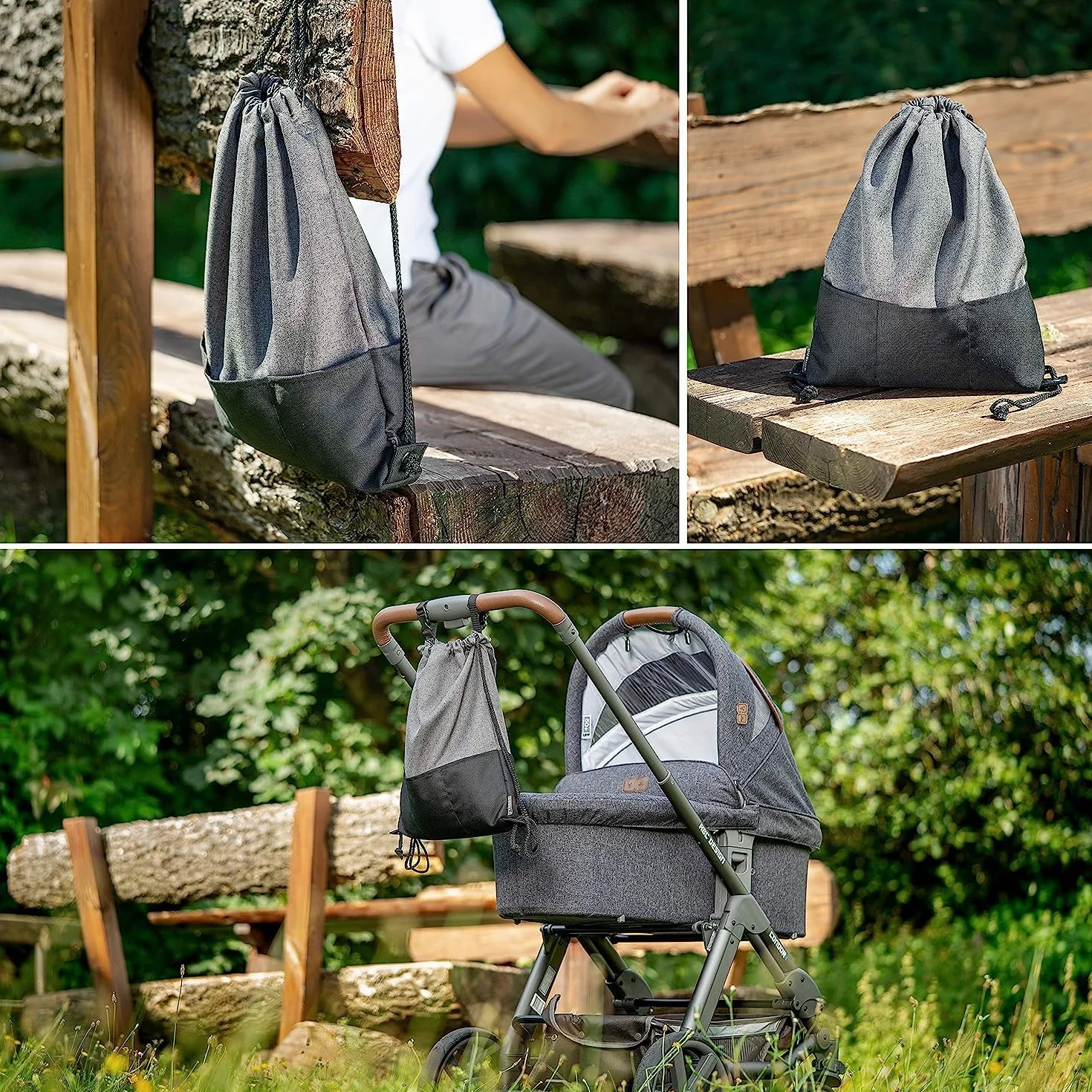 Zamboo Borsa Passeggino Universale - Borsa Organizer Passeggino con Ganci per Maniglione - Borsa Carrozzina Neonato - Grigio Nero