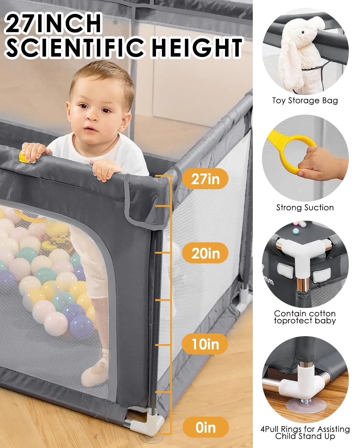 Box per bambini con tappetino morbido, extra large, area giochi sicura per interni ed esterni, con base antiscivolo, facile da montare e riporre, senza BPA (130 x 130 x 66 cm, grigio)