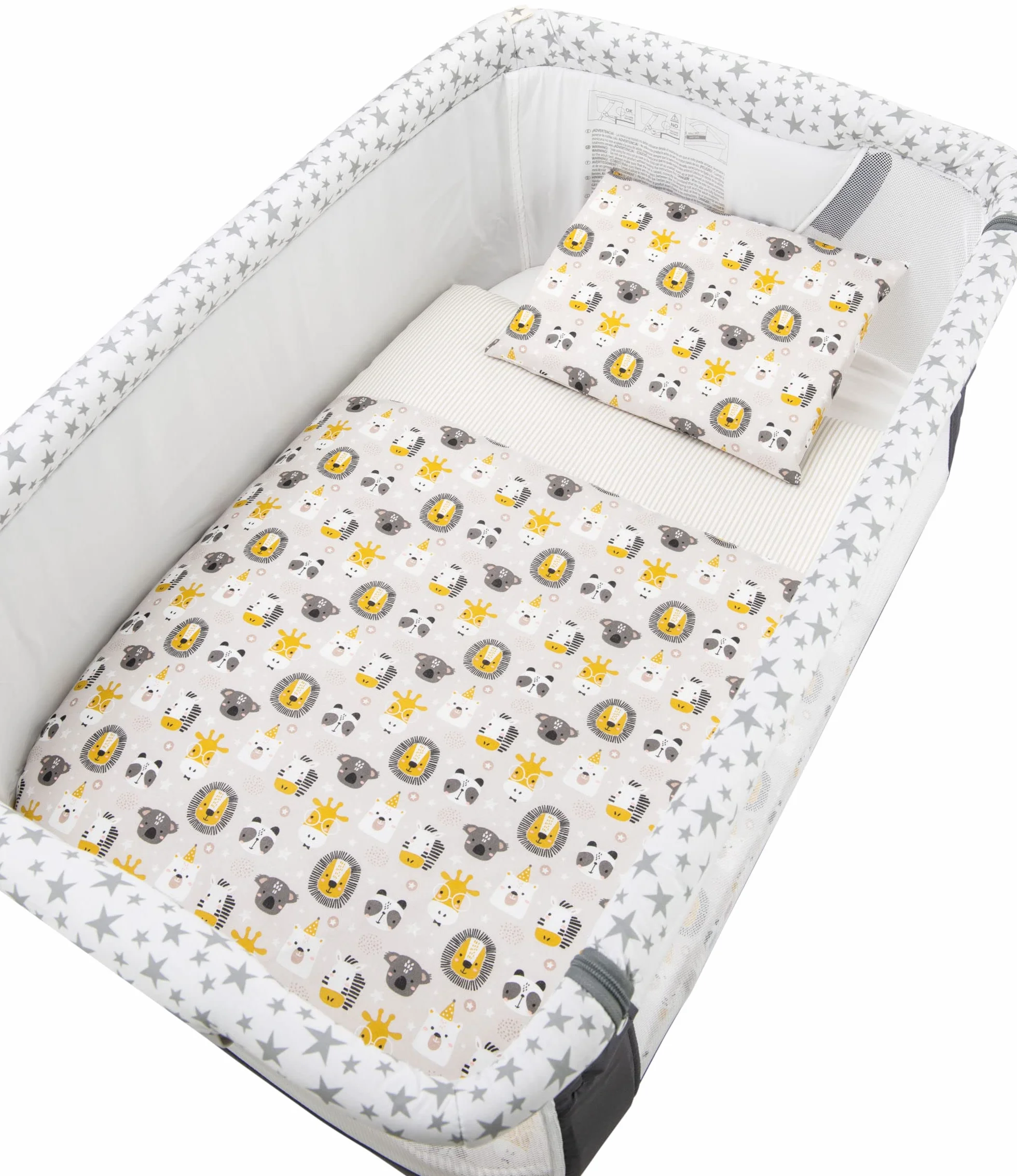 Babysanity Lenzuola Next To Me Compatibili 5 pezzi: Cuscino Neonato Federa Cuscino Piumino Copripiumino Lenzuolo Angoli per Culla Lettino Neonato Chicco Kinderkraft Cam Brevi OEKO-TEX (Lion Friends)