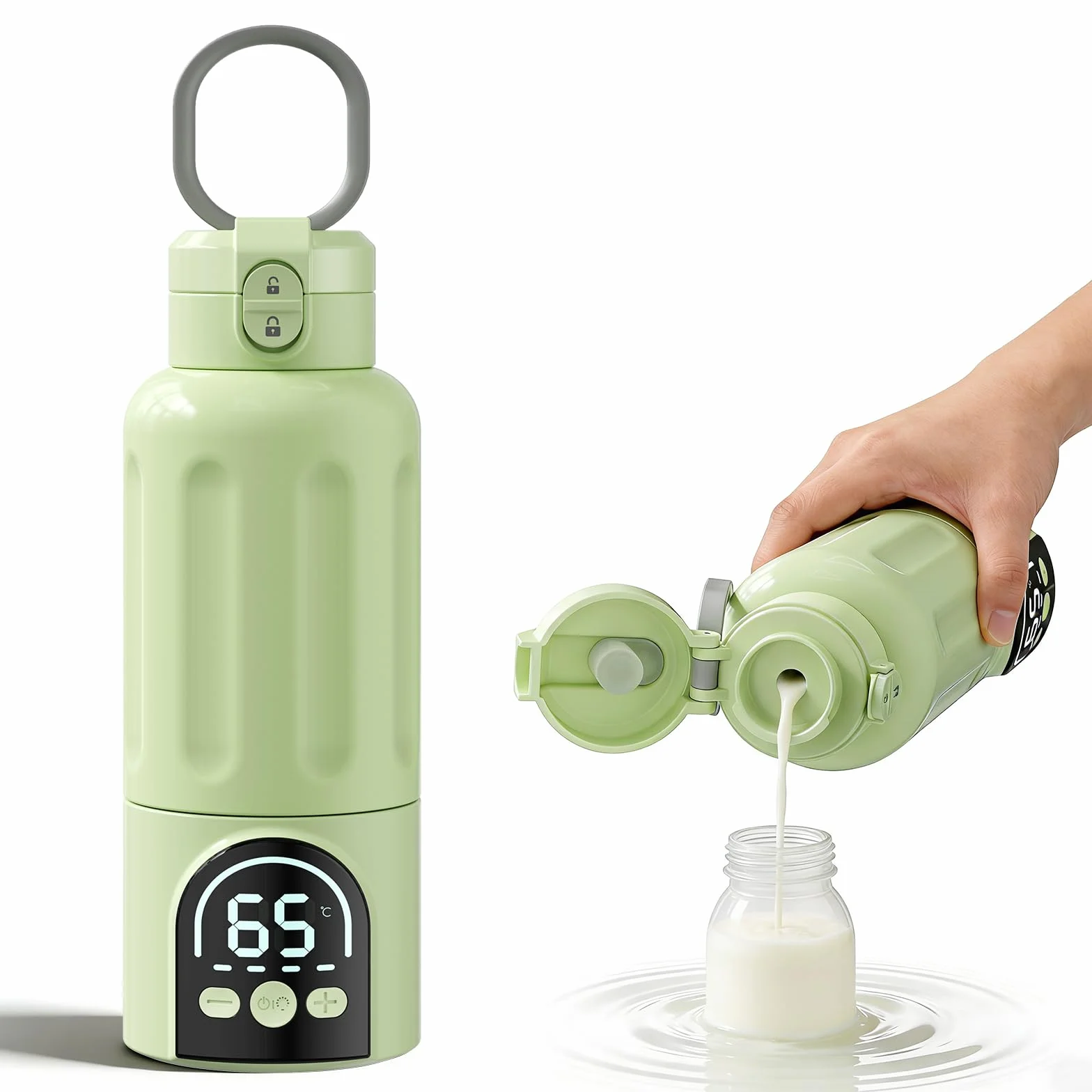 Scaldabiberon, Riscaldamento Rapido e Lunga Durata della Batteria 12000mAh, Controllo della Temperatura, 500ml Scaldabiberon per Tutto il Giorno per Latte Materno, Formula o Acqua (Verde)