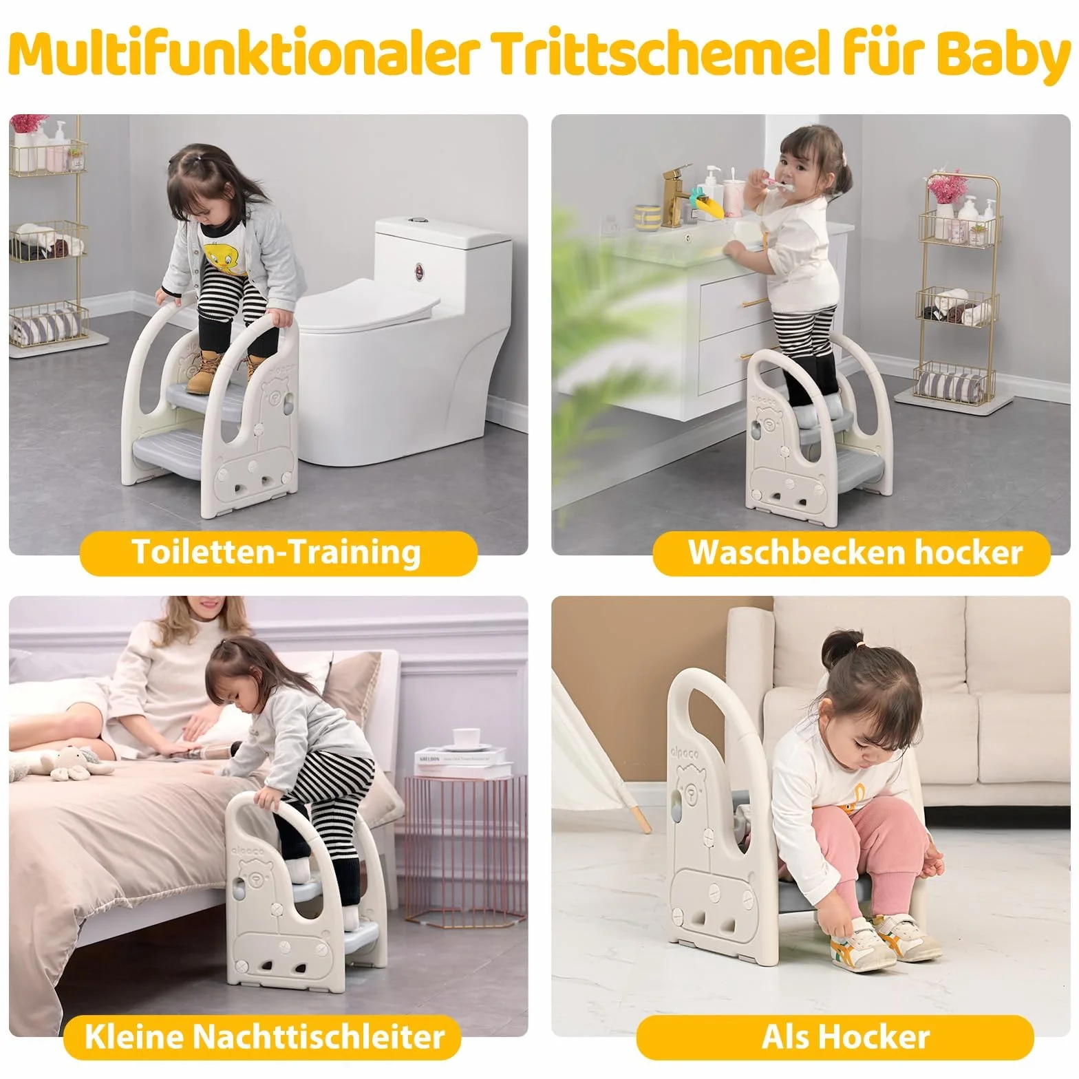 Onasti Sgabello a due gradini per bambini, Scaletta gradini, Sedile per Addestramento per WC, Multifunzione, Regolabile in Altezza, Con braccioli, Antiscivolo - Da 1.5 a 5 Anni circa