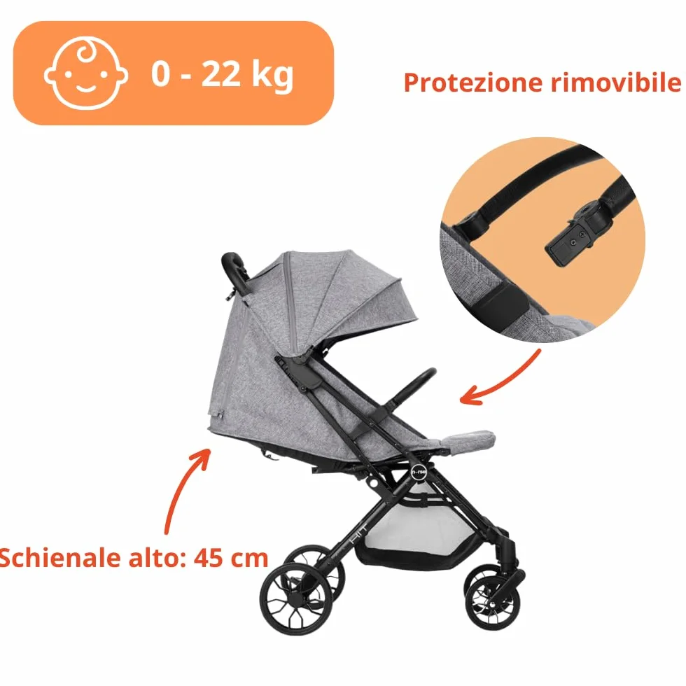 Nurse Hit Passeggino leggero fino a 22 kg, Pieghevole compatto con una mano, Maniglia per il trasporto, Schienale reclinabile, Cappottina estensibile, Grigio