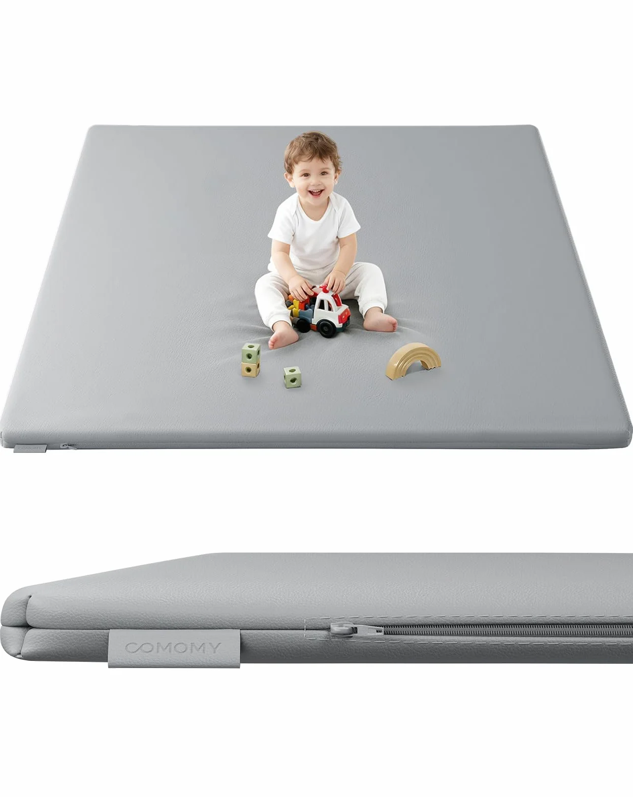 COMOMY Pelle Vegana Tappeto Gioco Bambini, 127x127x3 cm Extra Spesso e Morbido Tappeto Neonato, Impermeabile e Non Tossico Tappeto Tummy Time Neonati, Tappetino per Box Bambini, Grigio