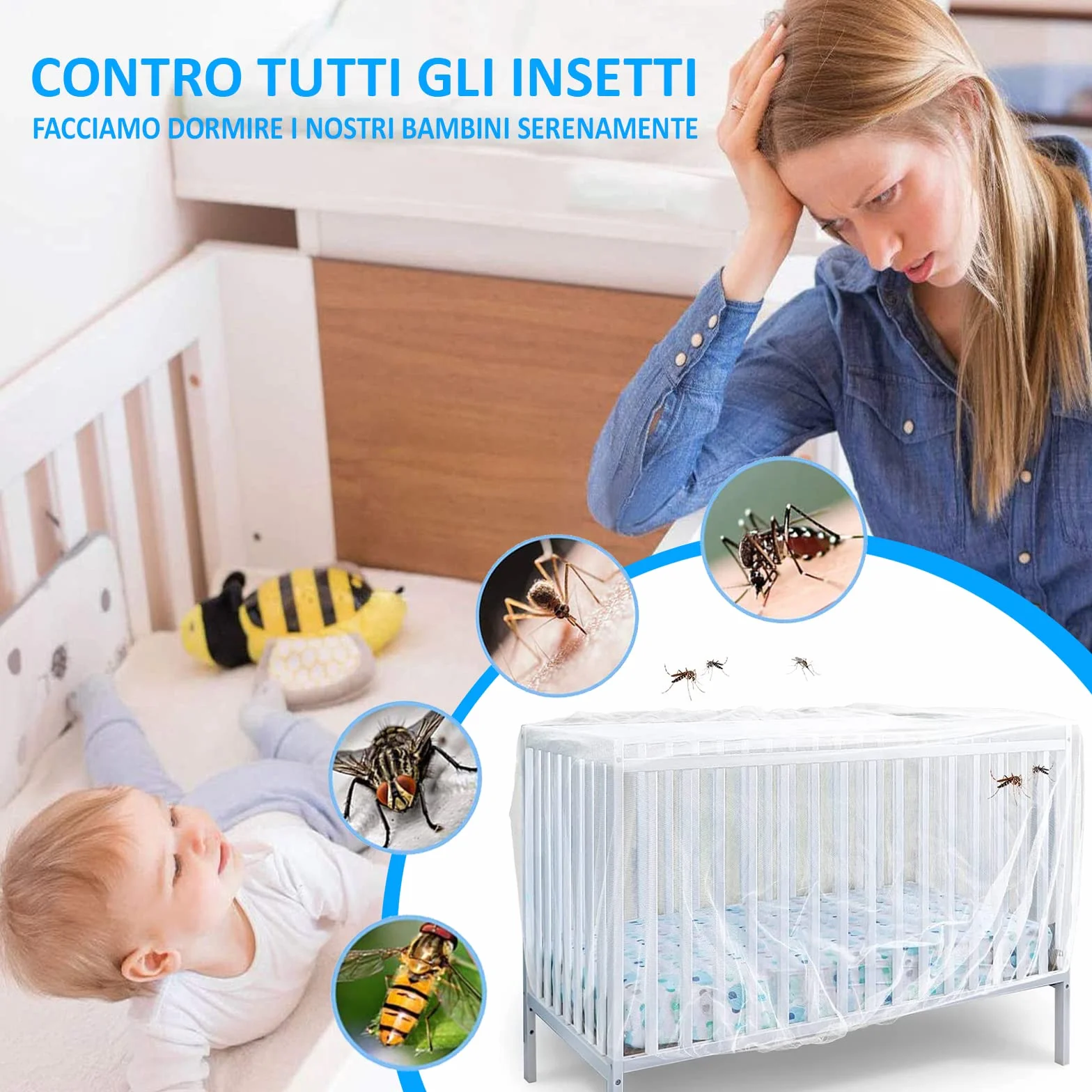 Zanzariera Universale per Passeggino, 4 in 1, Carrozzina e Culla Neonato. Protezione contro zanzare, vespe e altri tipi di Insetti. Lavabile e Traspirante