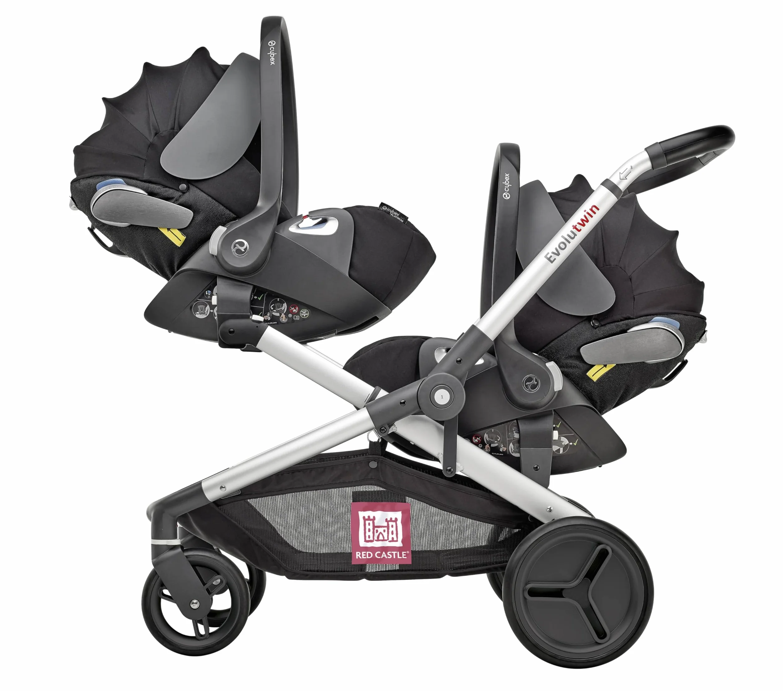 RED CASTLE, Passeggino Gemellare/Tandem/Doppio, dalla nascita, sedute reversibili con schienale reclinabile a 3 posizioni, grande cestino portaoggetti, telaio regolabile e modulabile, Evolutwin,Nero