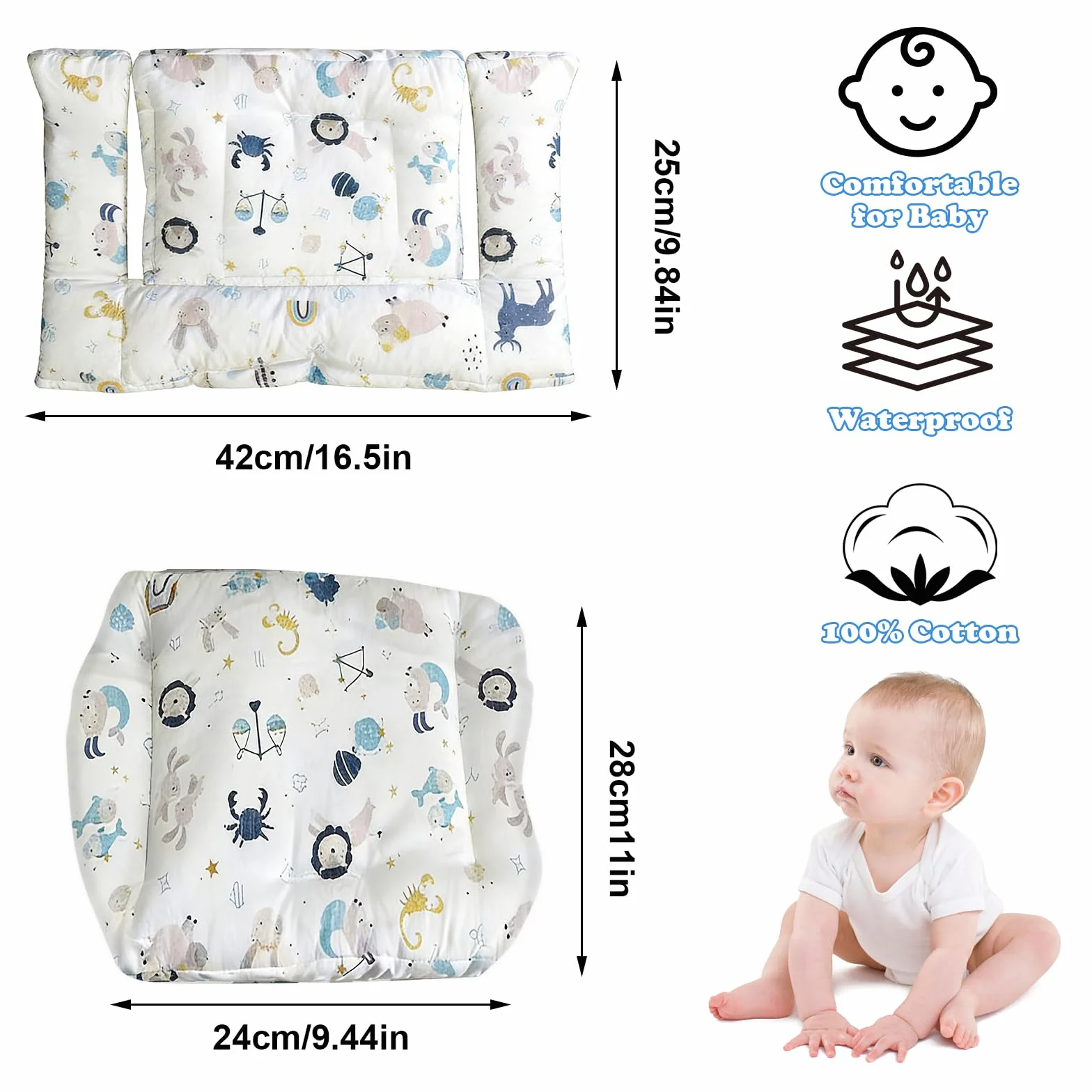 Cuscino per seggiolone Stokke Tripp Trapp, set da 2 pezzi in cotone biologico con rivestimento laminato impermeabile, facile da pulire e rimovibile, lavabile in lavatrice (animali marini)