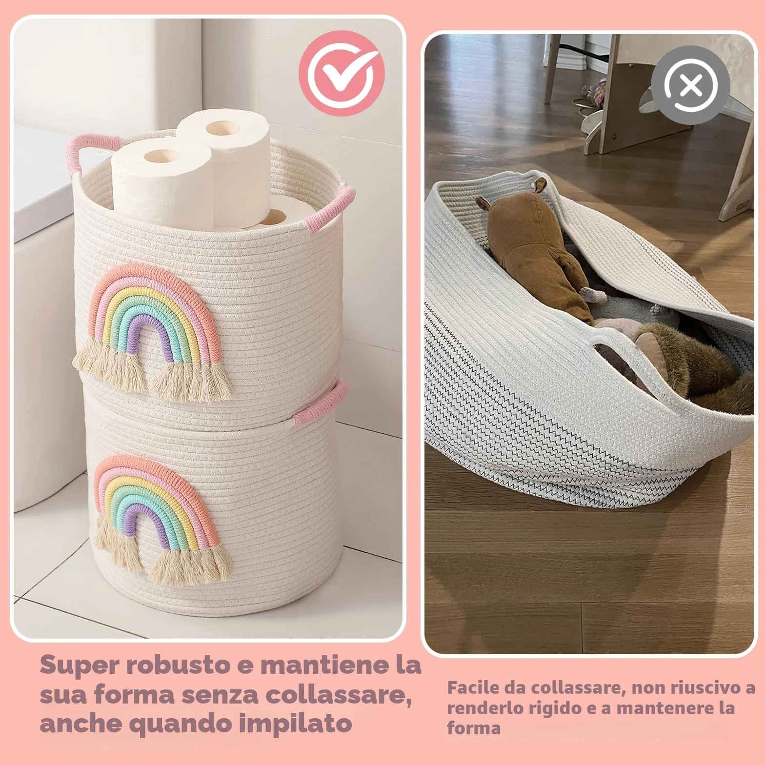 Cestini di immagazzinaggio dei giocattoli, cesto di stoccaggio in corda di cotone tessuto con decorazione arcobaleno per bambini, cestini per coperte, organizer per giocattoli, cestino arcobaleno per