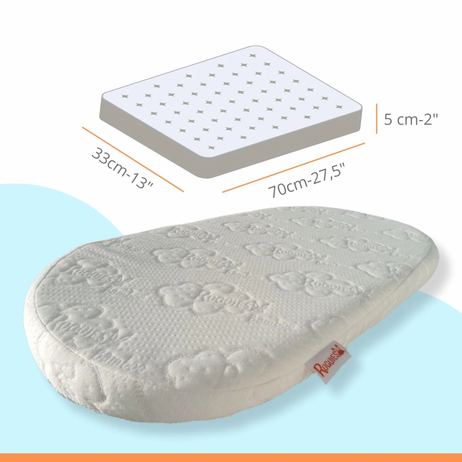 Materasso per lettino o navicella 70x33x5cm-Schiuma forata traspirante-Cotone di bambù impermeabile (TPU) Anallergico Sfoderabile e Lavabile-Base Antiscivolo-OEKO TEX