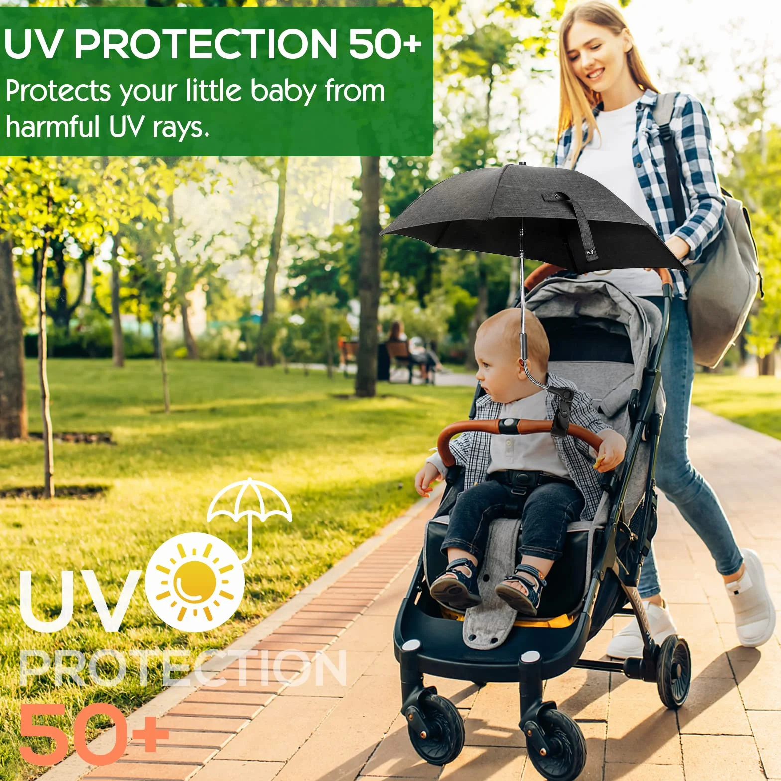 Ombrellino Parasole Universale, Ombrellino per Passeggino e Carrozzina, Protezione Anti UV 50+, Diametro 78 cm, con Supporto Universale, Fissaggio per Tubo Rotondo o Ovale, Nero