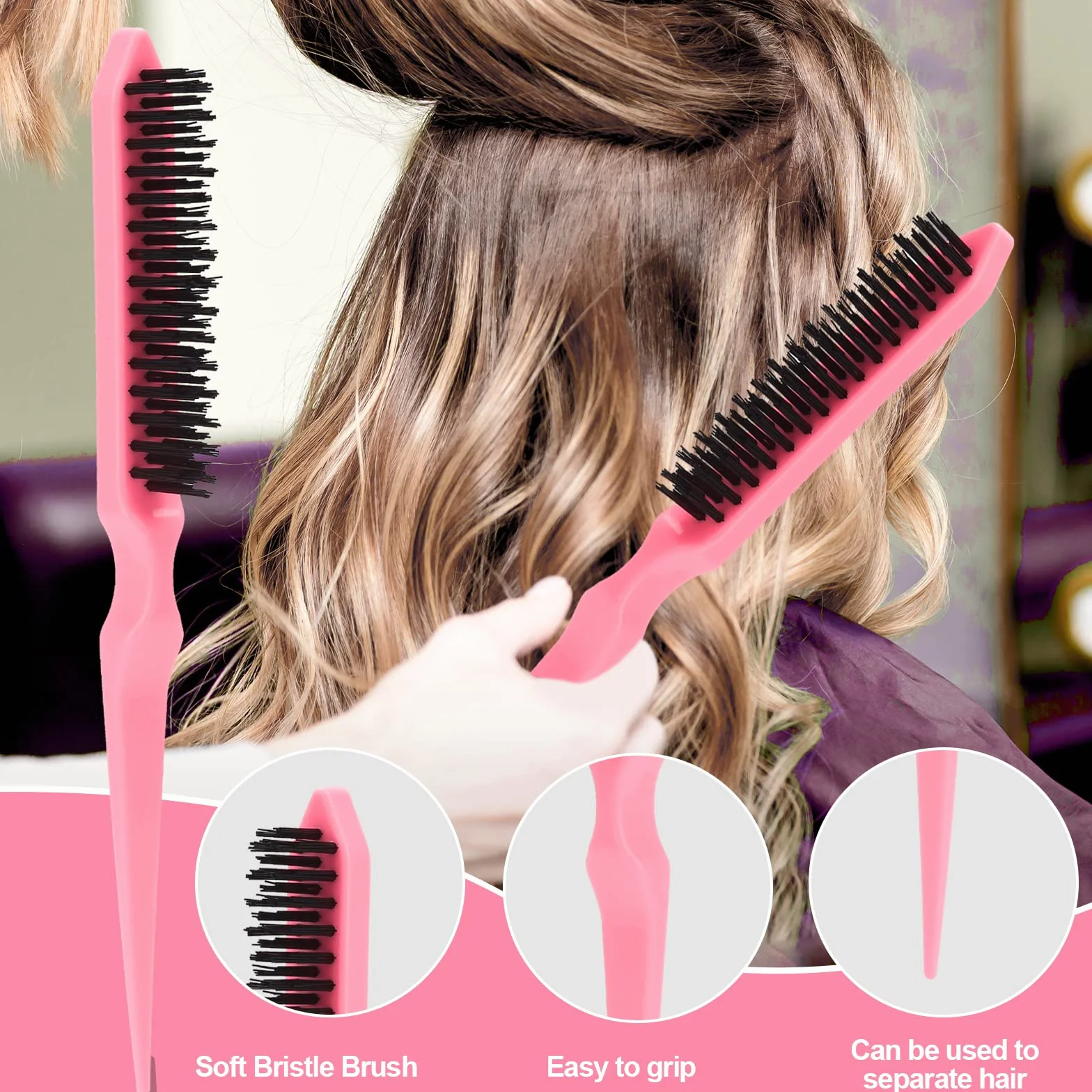 SWEET VIEW Spazzola Per Capelli In Setola 3 Pezzi Con Pettine A Coda Di Topo, Spazzola Per Gel Per Capelli Per Capelli Di Bambini E Peli Randagi - Rosa