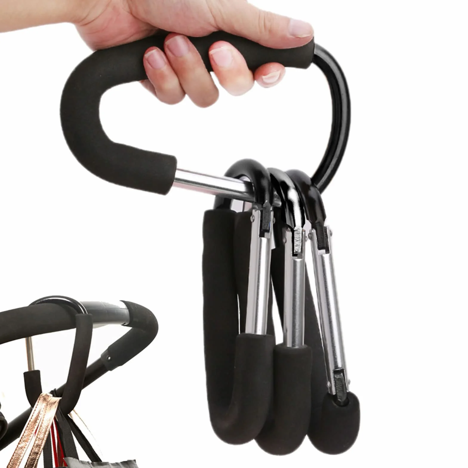TSHAOUN 3 Pezzi Buggy Ganci Moschettone, Gancio Universale Passeggino, Moschettone per Passeggino, Gancio per Borsa per Pannolini, Aggancio per Borse con Imbottitura di Protezione