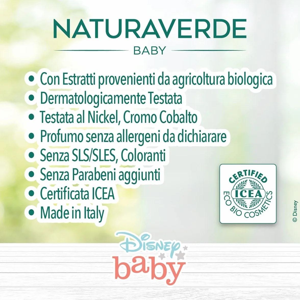 Naturaverde | Kids - Disney Baby - Set Regalo con Detergente Corpo e Capelli 200ml, Crema Protettiva per il Cambio 100ml e Ginocchiere per Gattonare con Antiscivolo