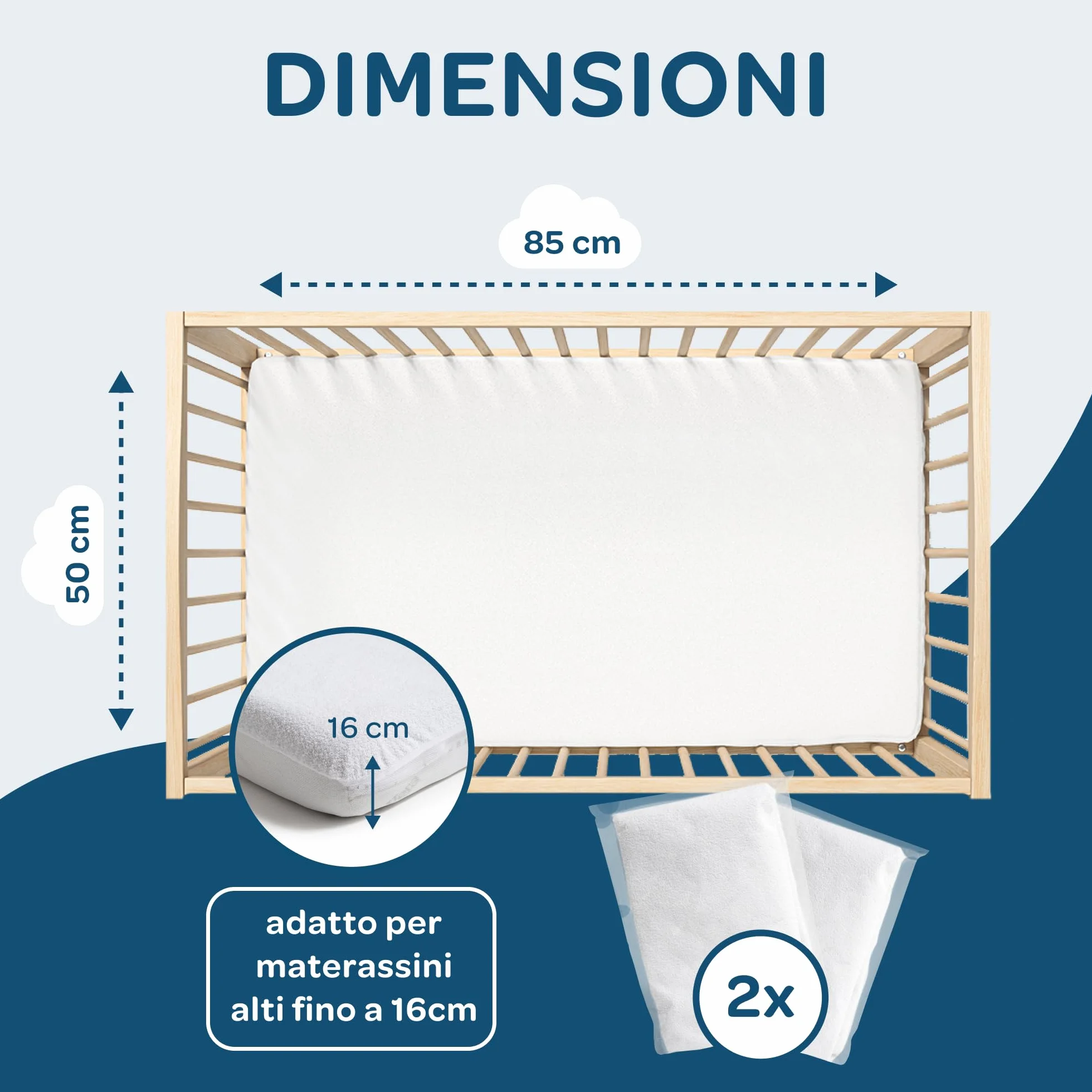 DolciSogni Coprimaterasso Lettino 50x85 cm Impermeabile (2 Pezzi) – Angoli Elasticizzati – Traspirante, Antibatterico e Morbido sulla Pelle – Lavabile fino a 60°C – Certificato OekoTex Made in Europe