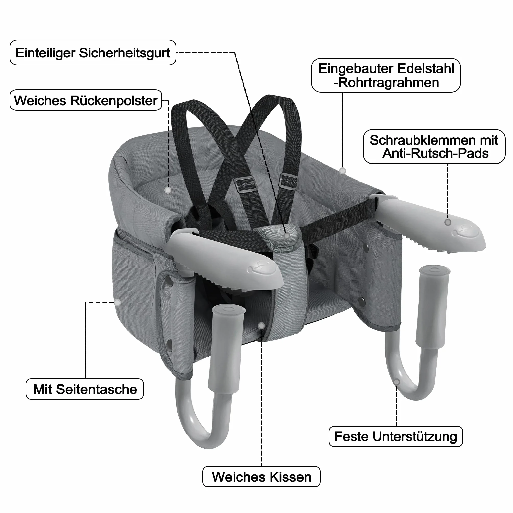 LZQ Seggiolino da tavolo per bambini da 6 a 36 mesi, pieghevole, per tavoli da 2 a 8 cm di spessore (grigio)