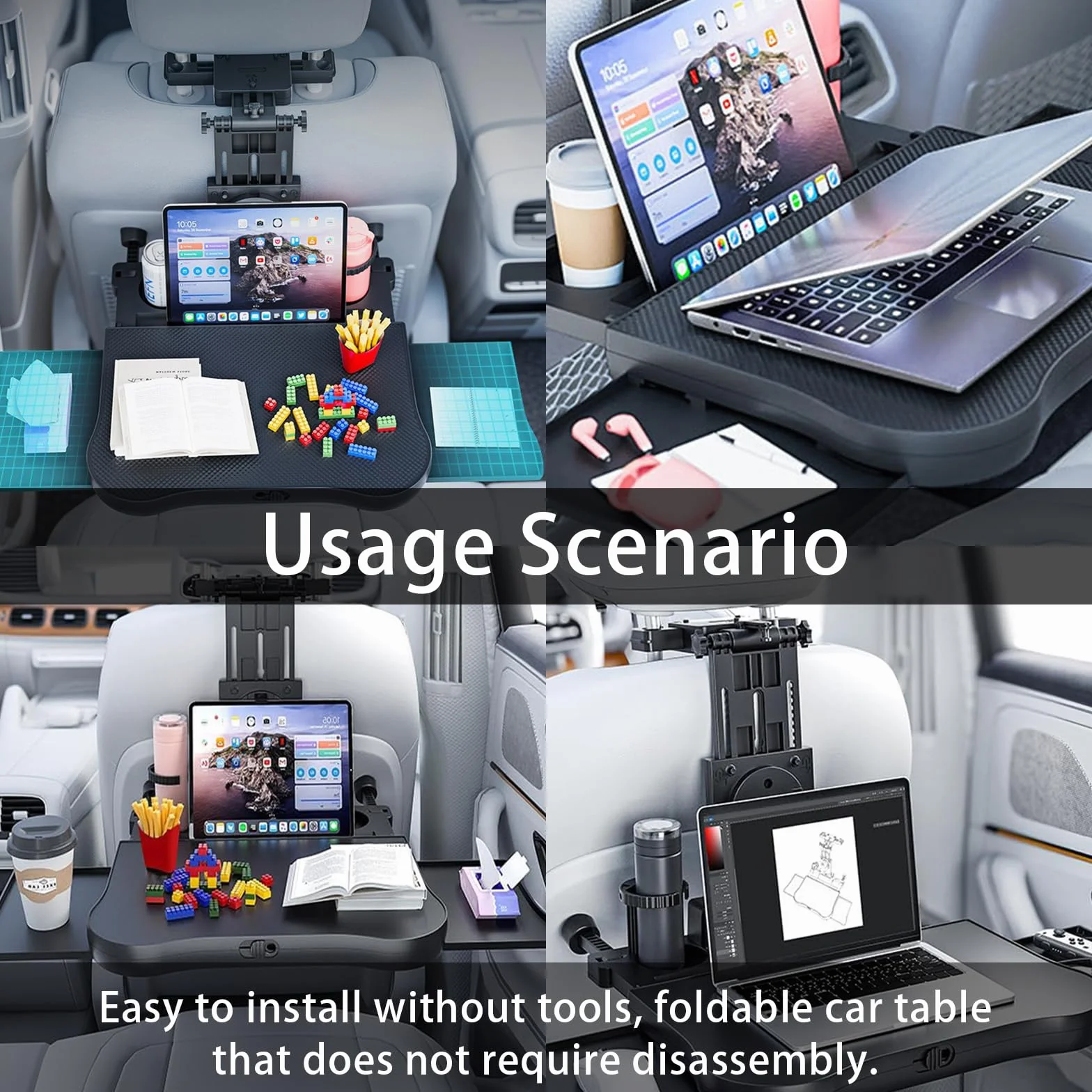 Tavolo da Pranzo per Sedile Posteriore Passeggero, Tavolino Regolabile per Sedile Posteriore Auto Vassoio per Cibo per Auto con Porta Bevande e Supporto per Cellulare Portata 15-20 kg