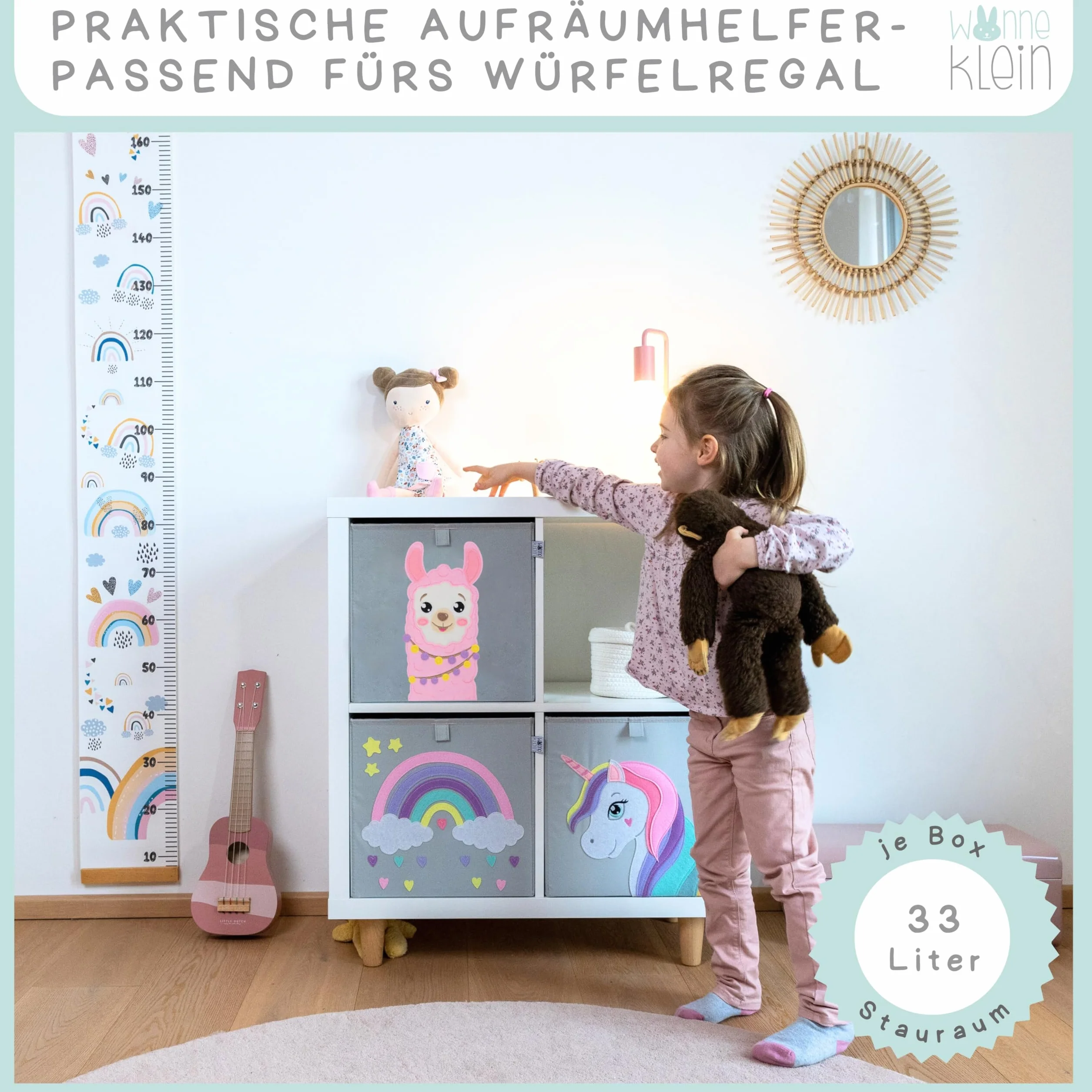 Scatola portaoggetti per bambini – 33 x 33 x 33 cm – Scatola pieghevole con motivo animali – Scatola per riporre gli scaffali Kallax – Set da 3 pezzi di alpaca, unicorno, arcobaleno