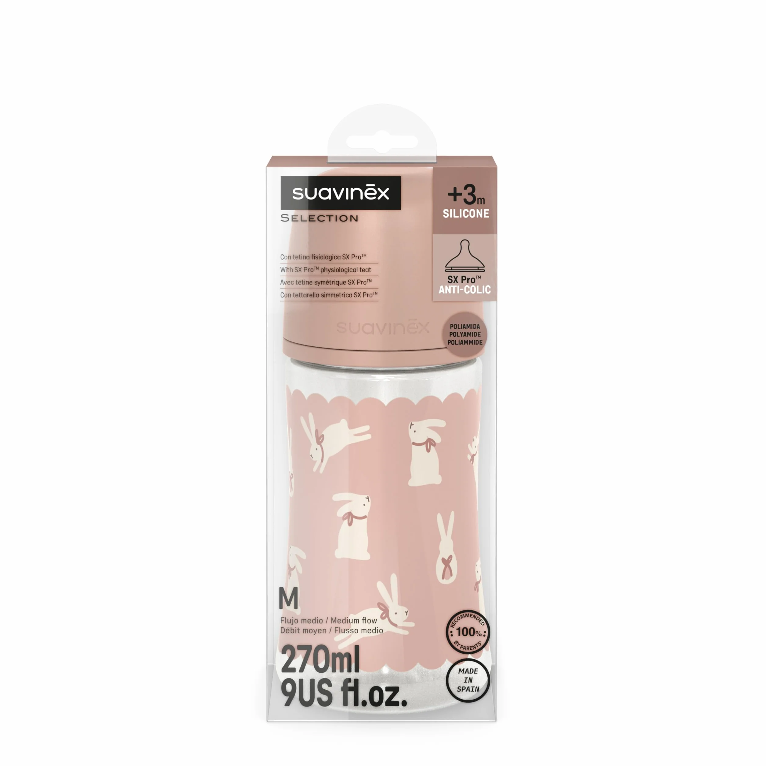 Suavinex, biberon da 270 ml con tettarella SX Pro in silicone, con valvola anticoliche, a flusso medio (M), per liquidi a media densità, latte, succhi di frutta o acqua, Neonati +3 mesi. Wonder Rosa