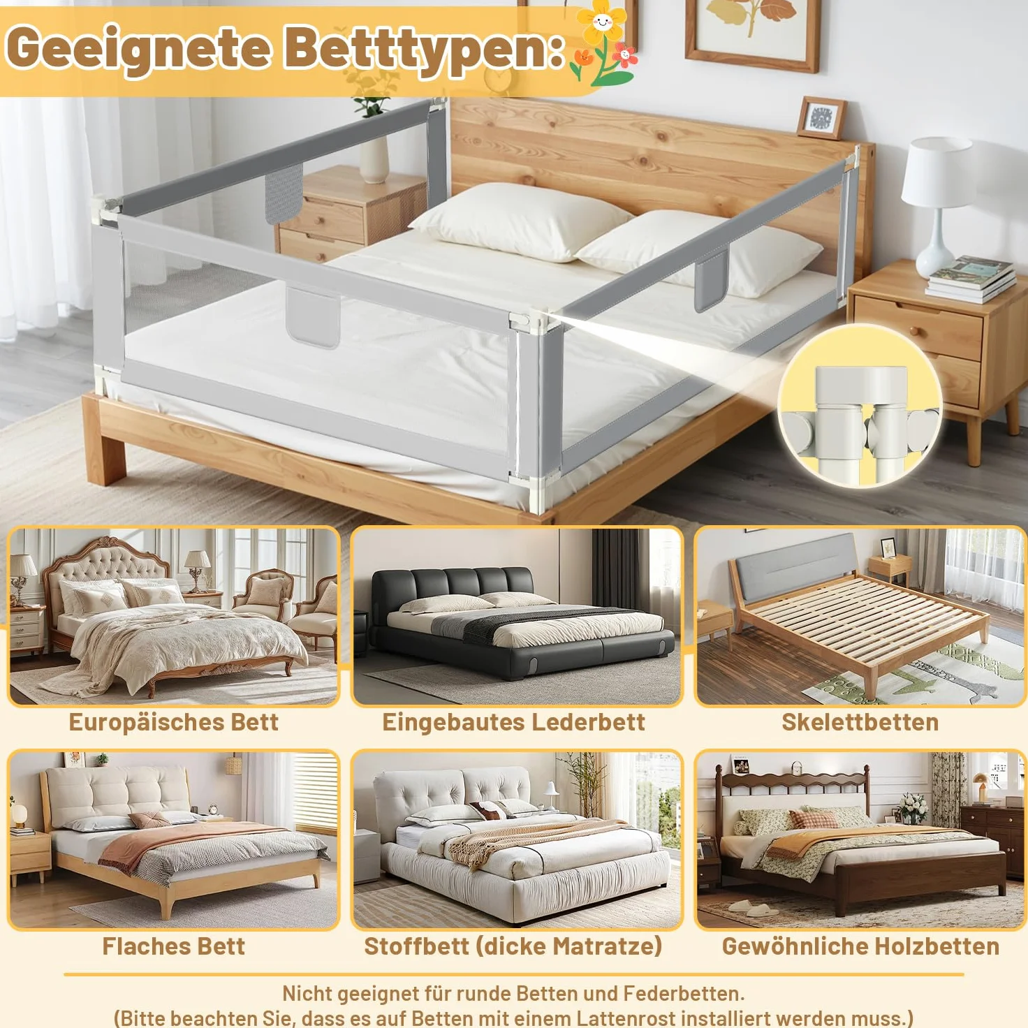 Ikodm Zanzariera per letto 180 cm x 2 + 150 cm x 1, griglia di protezione regolabile in altezza 64 – 96 cm, per neonati e bambini, con interruttore a doppio pulsante, facile da montare, grigio