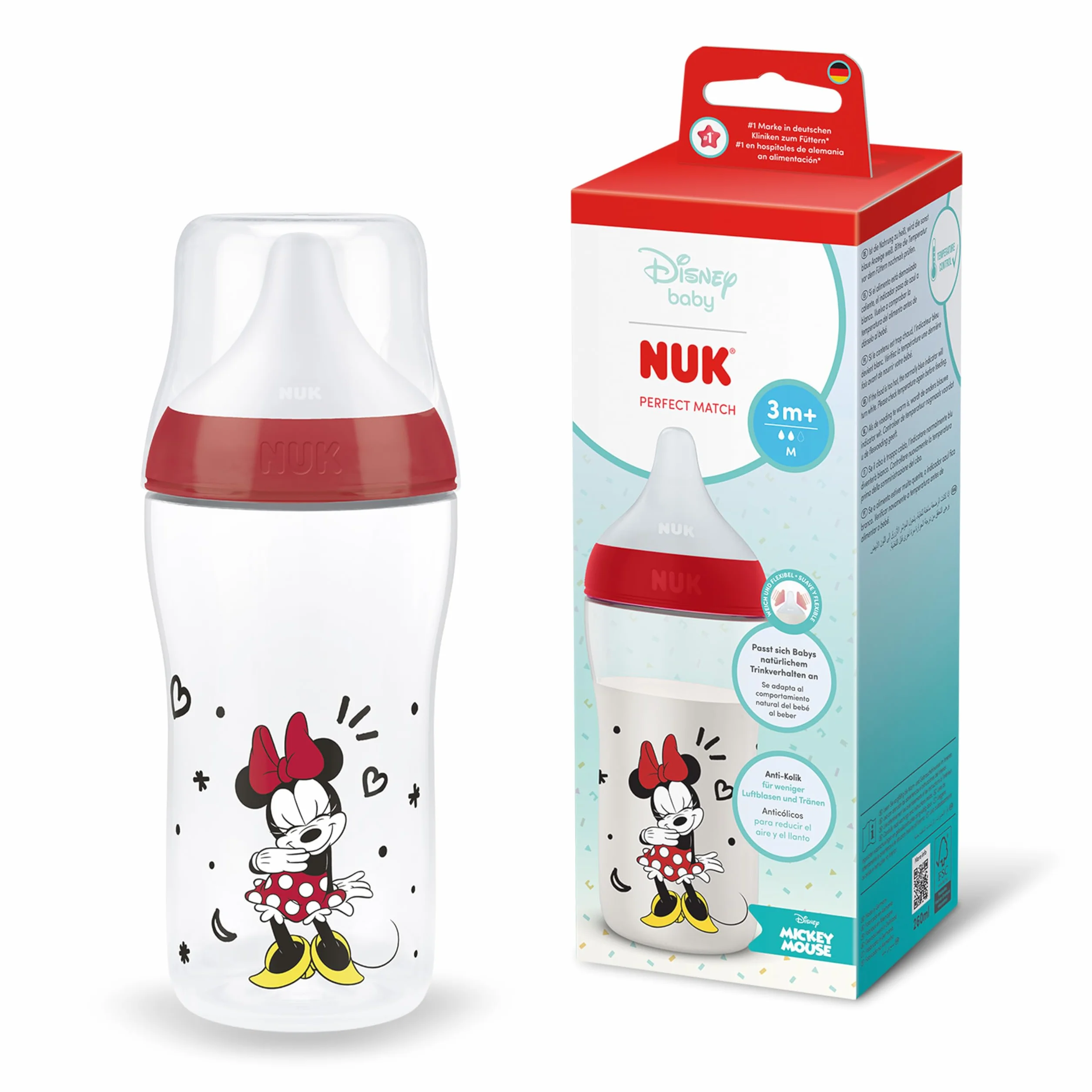 NUK Perfect Match Biberon | 3+ mesi | 260 ml | Biberon anti-coliche | PP | Indicatore di controllo della temperatura | Disney Minni | Confezione da 1