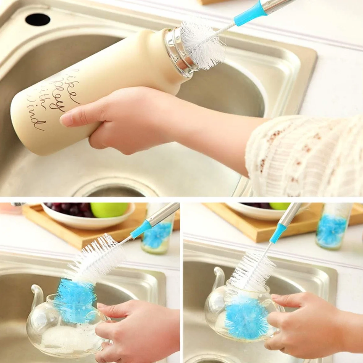 Qisan 4Pcs Set di Spazzole per la Pulizia delle Bottiglie Spazzole Multiuso Spazzole per la Bottiglia di Acqua Pulitori per Bottiglie d'Acqua-Blu