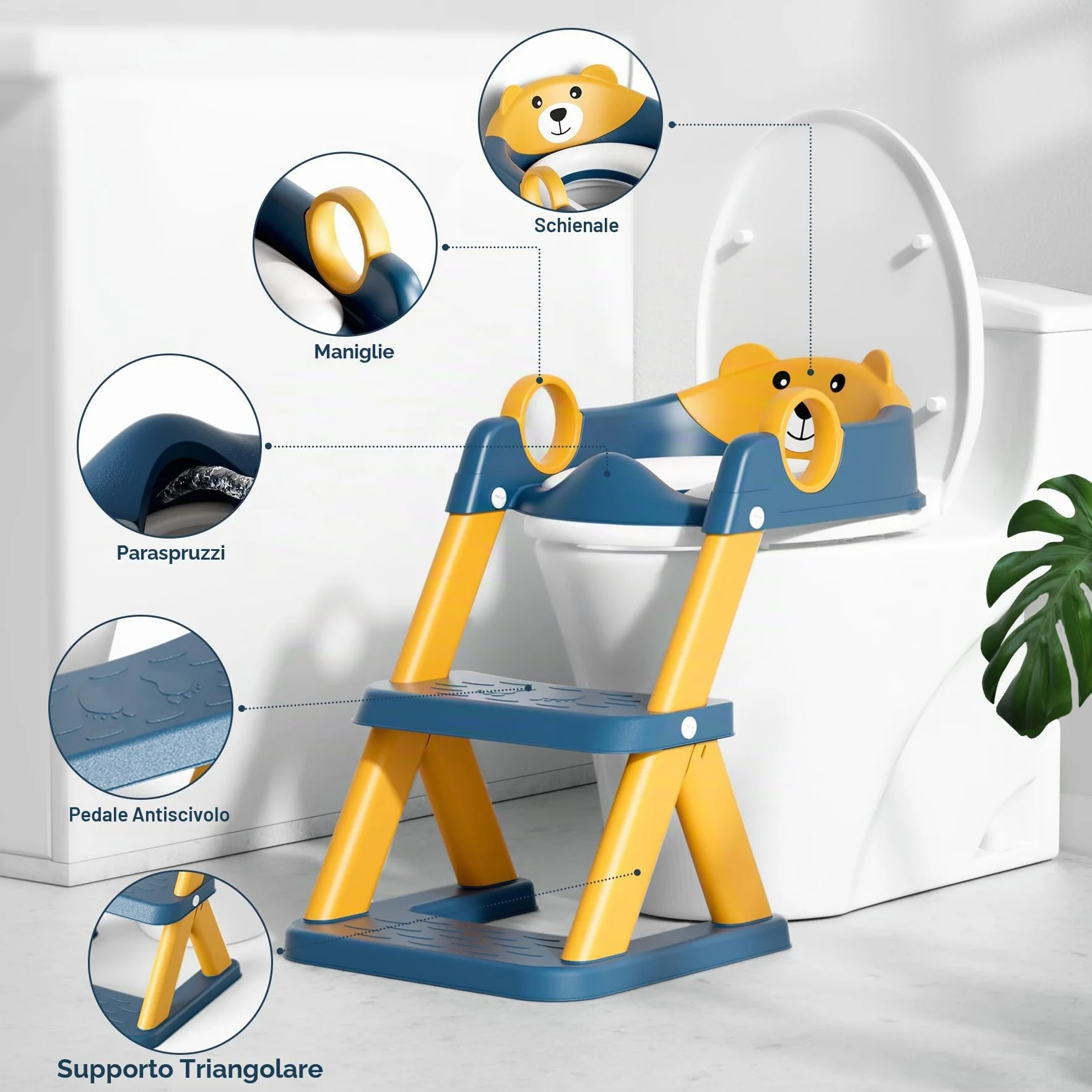 Riduttore wc bambini, sedile rialzato maschi e femmine, pedana antiscivolo anti-spruzzo scala per water,Blu Giallo