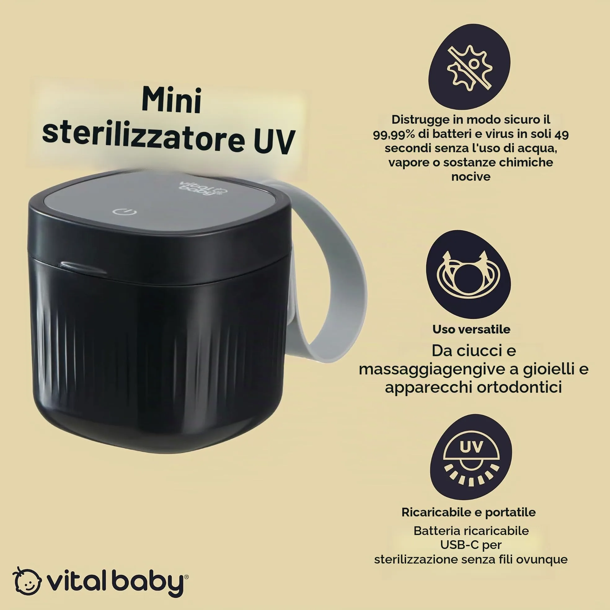 Vital Baby Nurture Mini sterilizzatore UV uccide il 99,99% dei germi in 49 secondi per succhietti, massaggiagengive, accessori portatili, ricaricabili, senza sostanze chimiche, onice nero