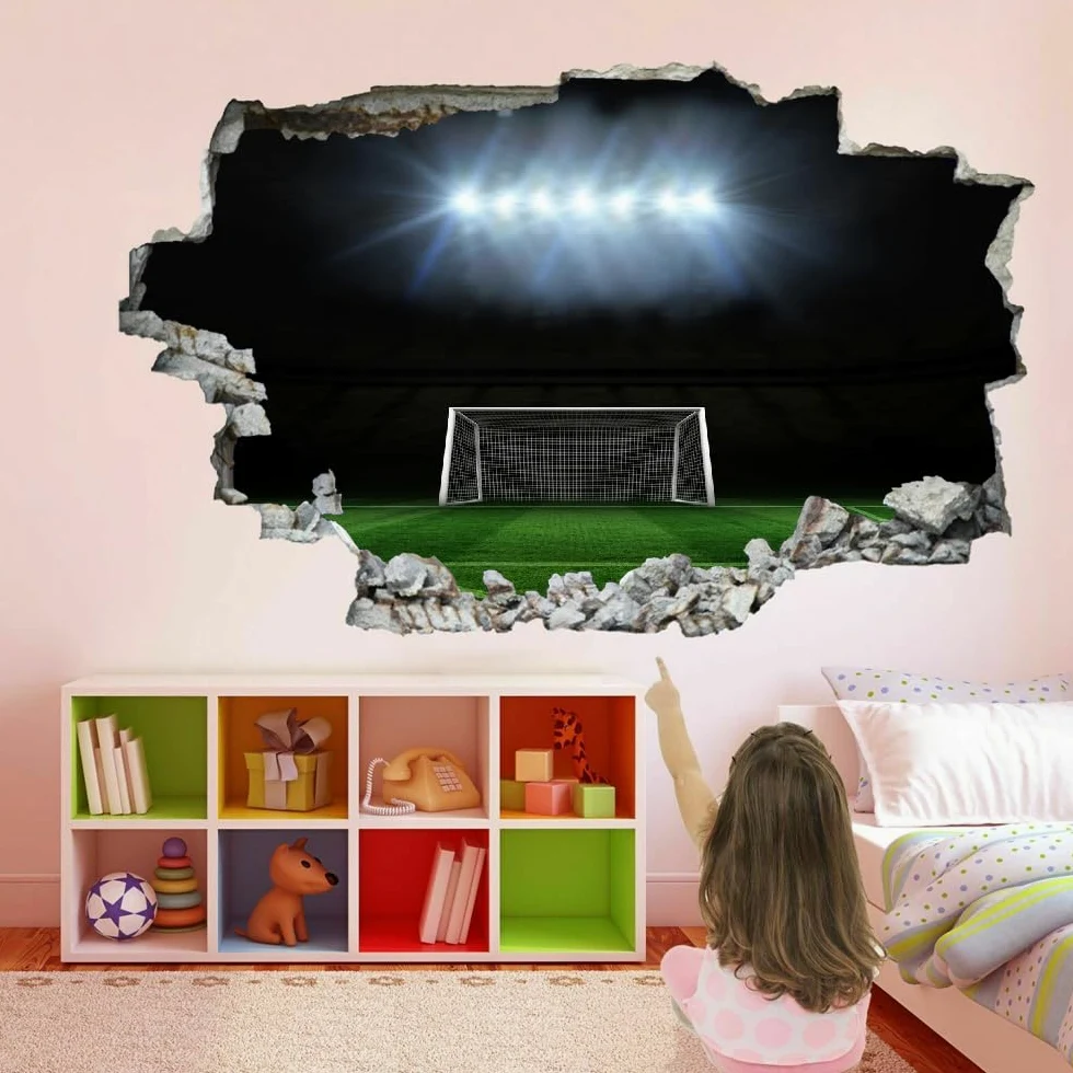 Adesivi Murali Murales Fracassati 3D Campo Da Calcio Decalcomanie Per Pavimenti In Impermeabile Art Gli Sport Per La Camera Da Letto, La Decorazione Della Parete Della Scuola Materna 120x80cm