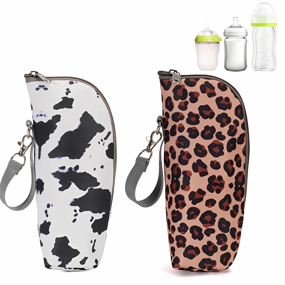 2 Pezzi Termos Biberon Neonato Porta Bottiglia Termico Porta Pappa Borsa Termica Portatile Per Biberon E Bottiglie Grande Capacit脿 Per Biberon Per Passeggini (Stampa Leopardata + Mucca)