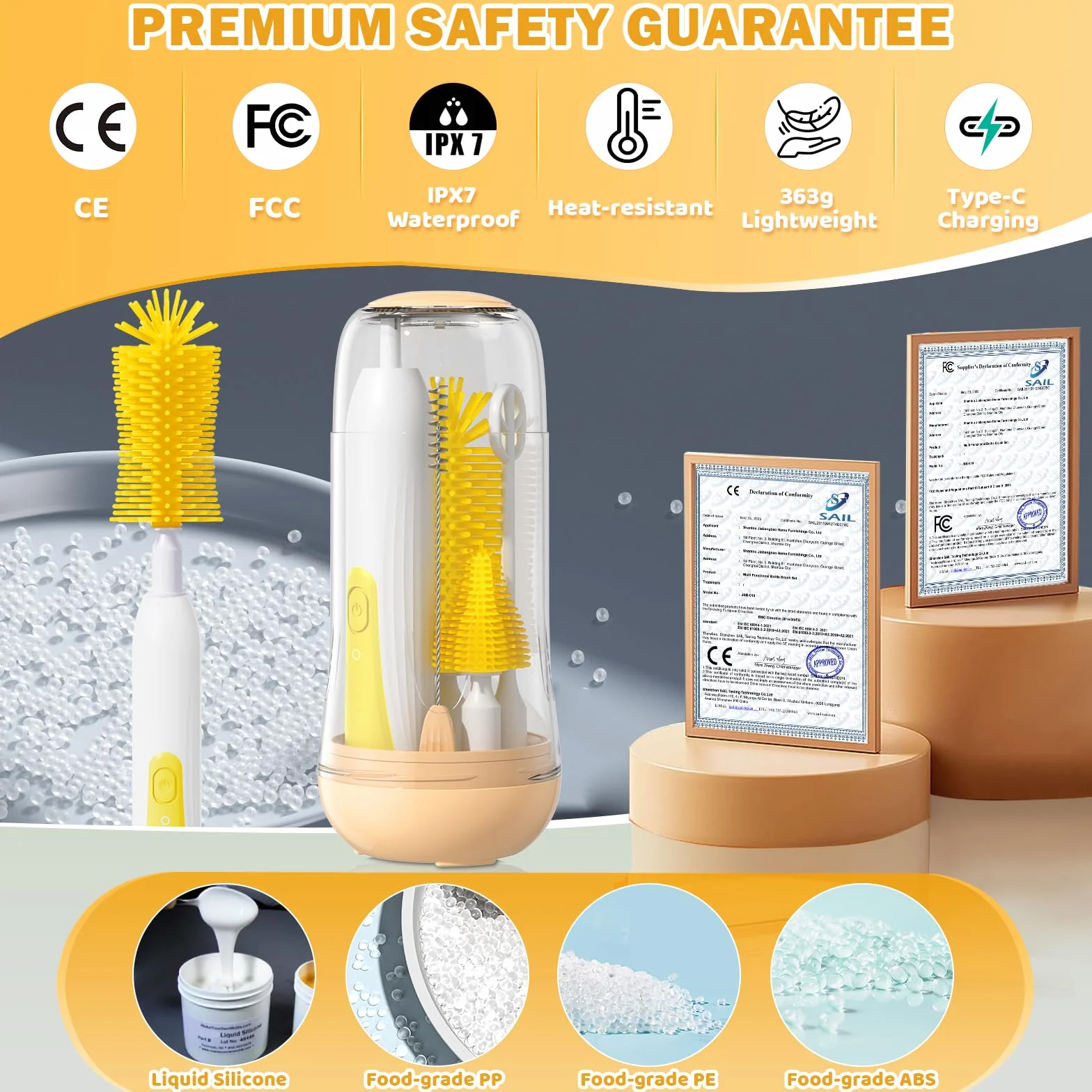 Orzbow Set Scovolino Biberon Elettrico Portatile, Sterilizzatore, Schiumalatte, Spazzola Ciuccio e Cannuccia, Accessori Neonato Utili, Giallo Vibrante
