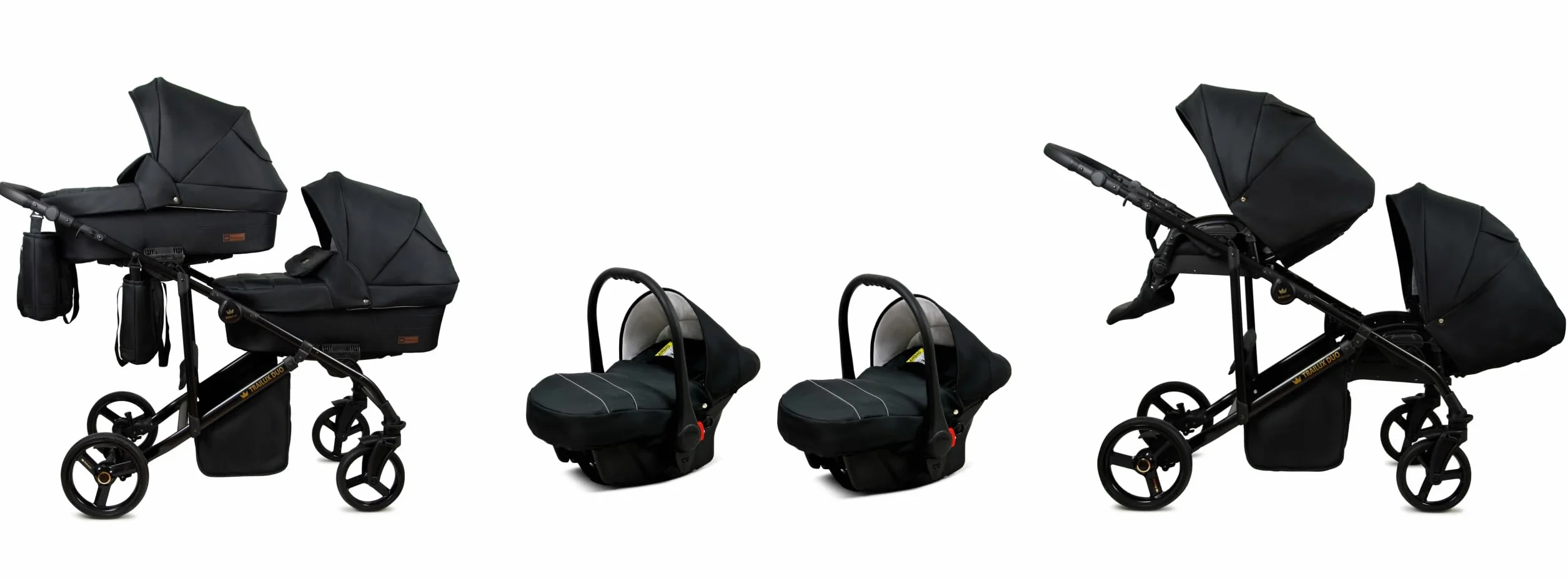 BabyLux® Bambini Passeggino per gemelli Completo Set 3 in 1 - Duo | Onyx - incl. Navicella, Canna, Seggiolino Auto - Carrozzina Neonati Sistema Combinato - con Borsa fasciatoio, Copertura antipioggia