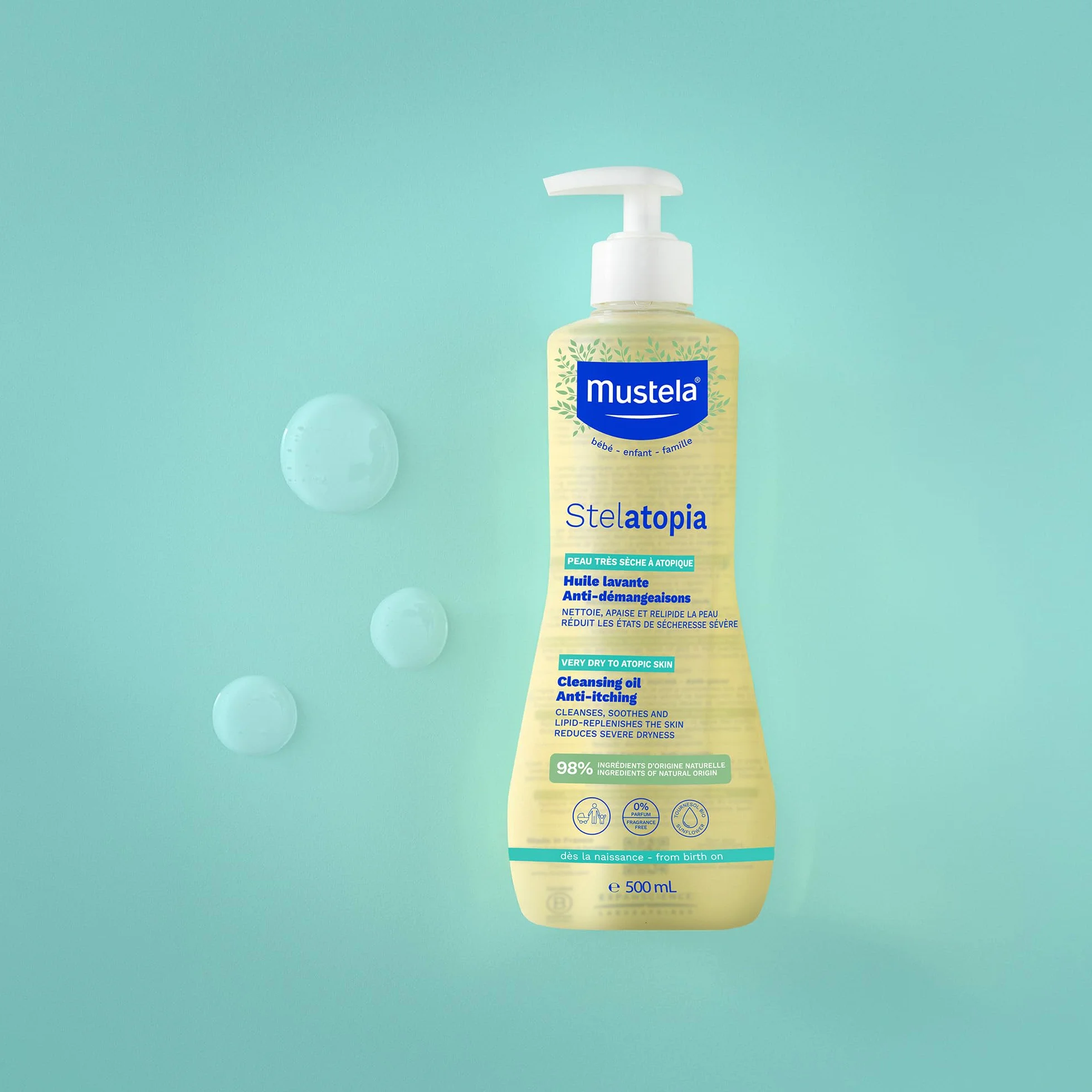 Mustela Stelatopia Olio Bagno per Pelle con Estrema Secchezza o Dermatite Atopica, Corpo e Capelli, Neonati, Bambini, Tutta la Famiglia - Detersione Quotidiana, Reintegra i Lipidi della Pelle (500ml)