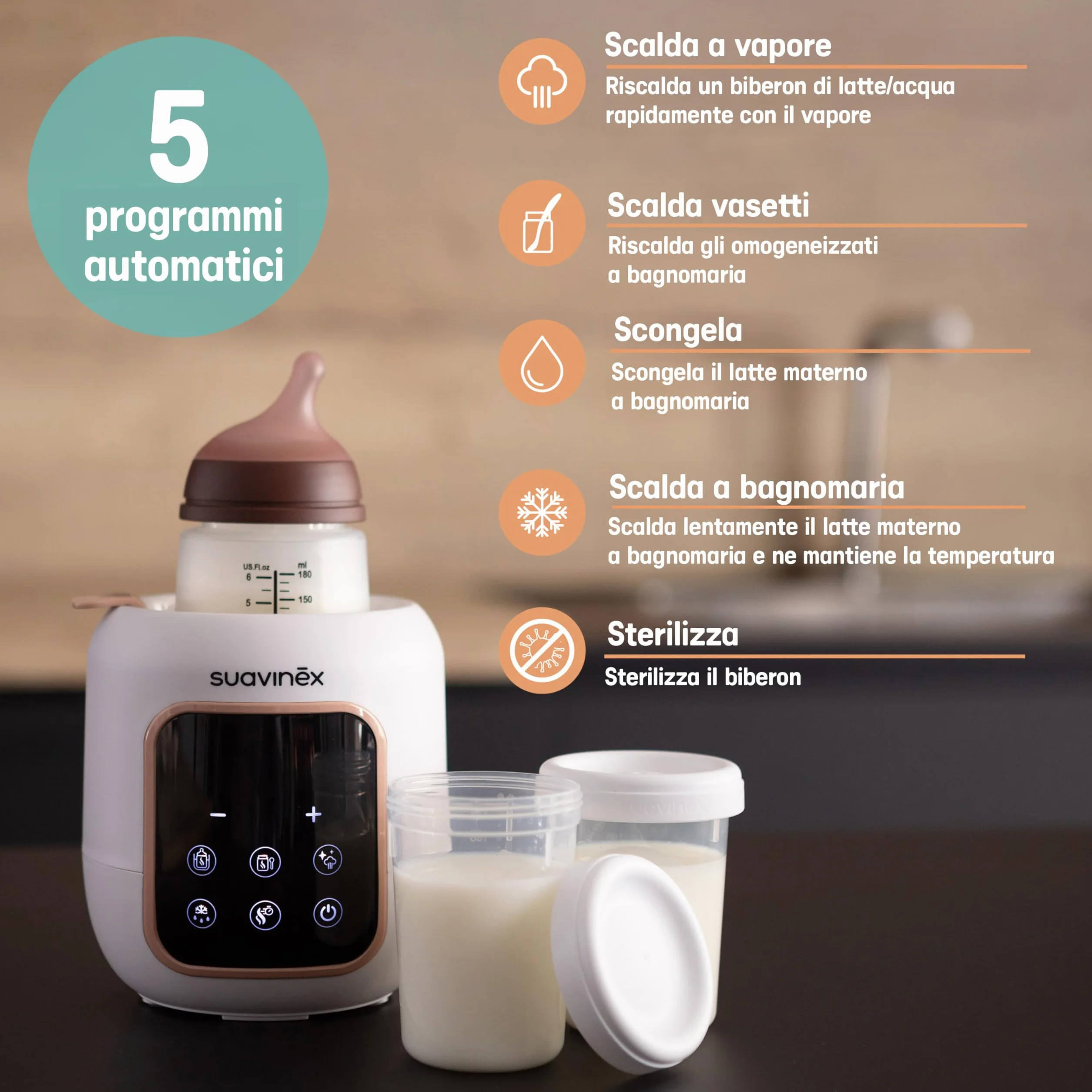 Suavinex, Scaldabiberon e Sterilizzatore 2 in 1, Sterilizza biberon e ciucci, Scalda e Scongela Biberon, Latte Materno e Omogeneizzati, con Modalità Rapida e Spegnimento Automatico, Facile da Usare