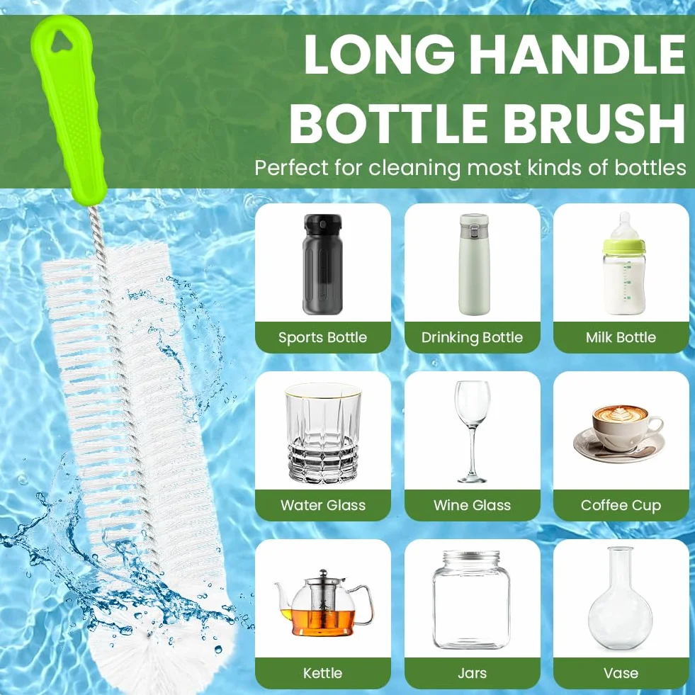 Vicloon 3Pcs Set di spazzole per biberon, Spazzola multiuso spazzola per borraccia spazzola per cannuccia cannucce per la pulizia di bottiglie d'acqua, tazze di vetro e thermos (verde)