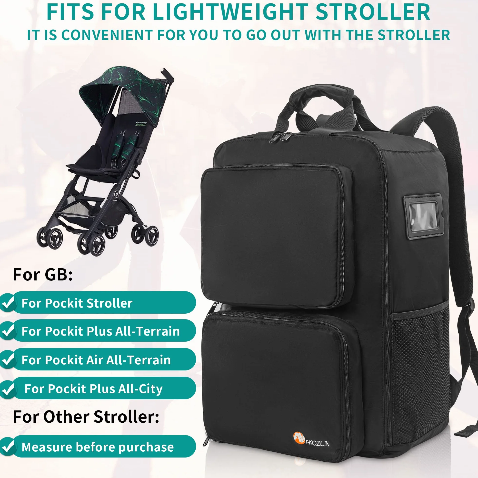 AKOZLIN Zaino da viaggio pieghevole per passeggino, nero, L(For all GB Pockit Strollers), Zaino