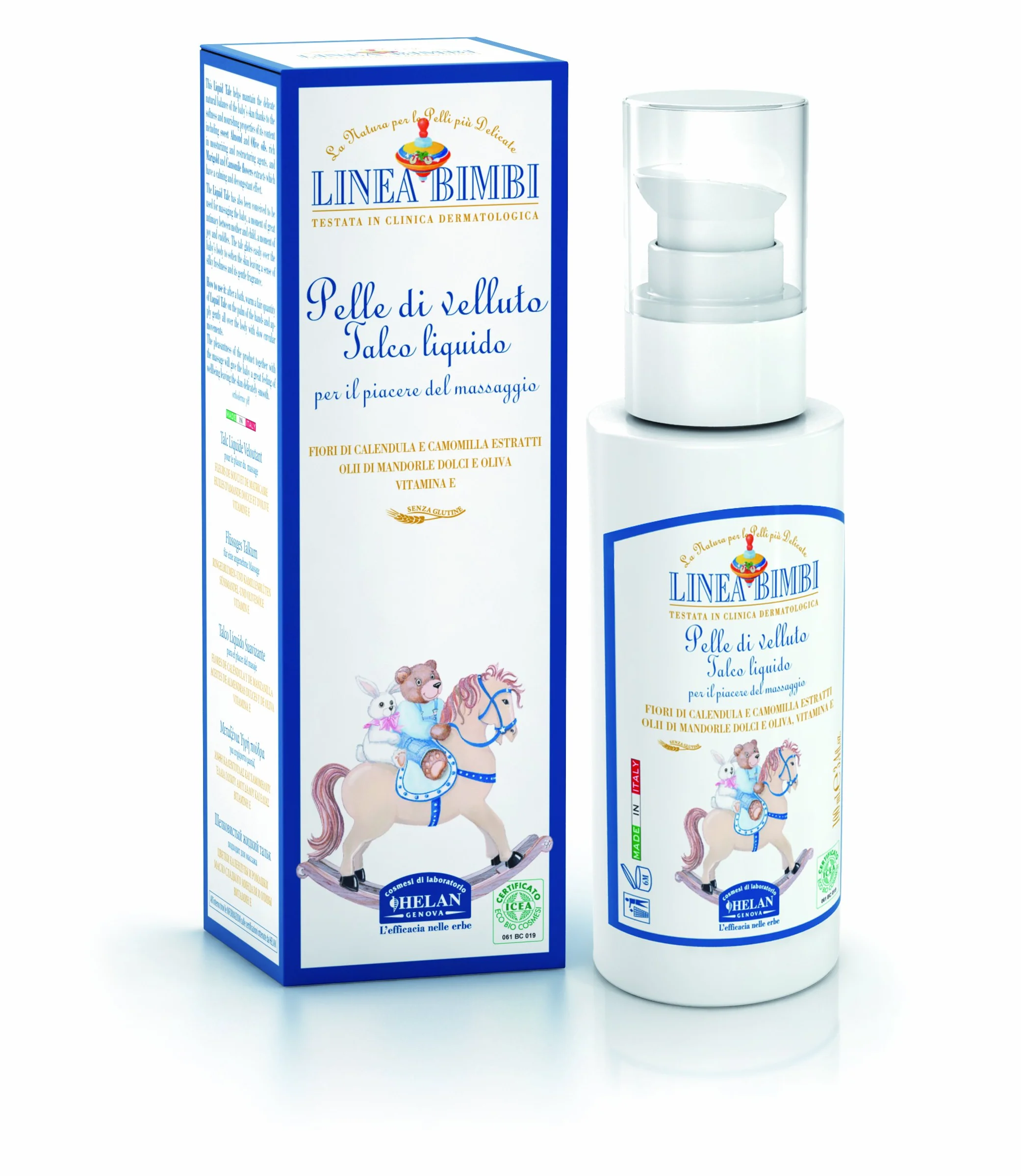 Helan, Linea Bimbi - Talco Liquido Neonato e Bambino con Vitamina E e Olio di Mandorle Dolci Idratante, Crema Corpo Fluida per Massaggio Rilassante Neonati e Bambini Calmante con Camomilla, 100 ml