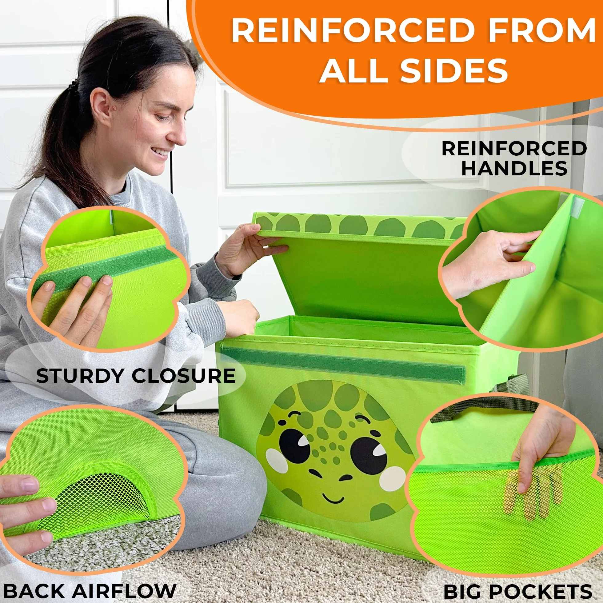 QUOKKA Katabird Toy Storage Box for Boys and Girls - Organizador de juguetes para niños (16 x 12 x 8 cm, plegable, asas, tapa abatible), diseño plegable (Tartaruga, Piccolo)