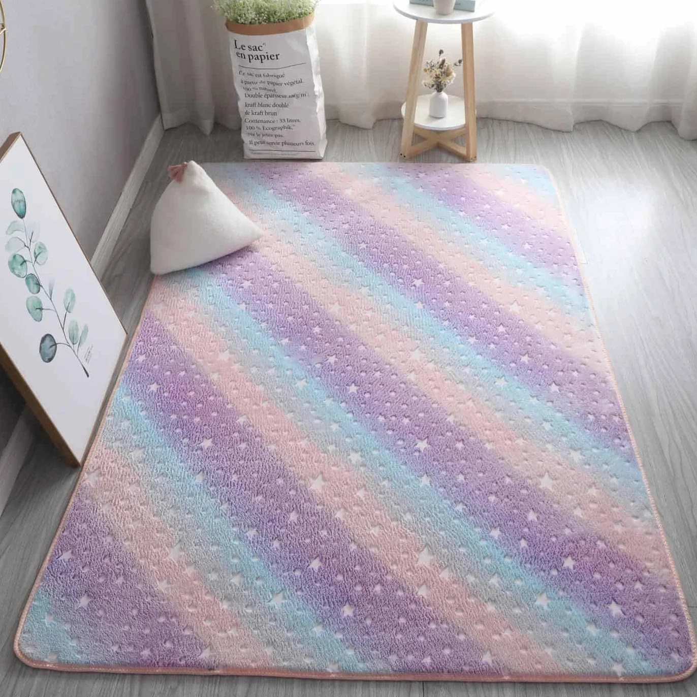 GGBOND Tappeto luminoso fosforescente con stelle arcobaleno per ragazze, corto in spugna corta e soffice, 100 x 160 cm