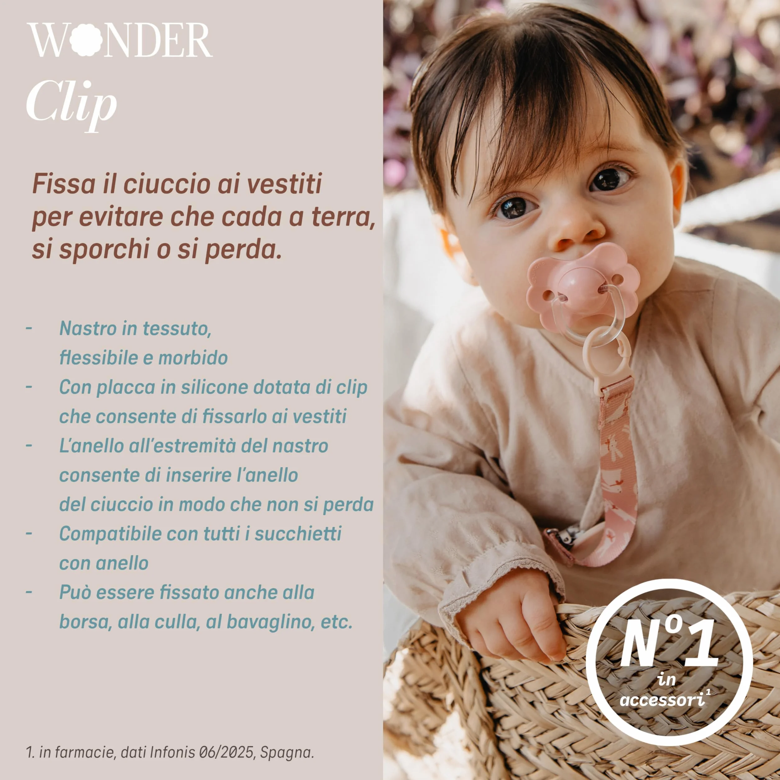 Suavinex, Portaciuccio in tessuto per neonati, Nastro con disegno double-face, Catenella per ciuccio, Clip con fermaglio, per ciucci con anello. +0 mesi, adatto ai neonati, Wonder Fiori Beige