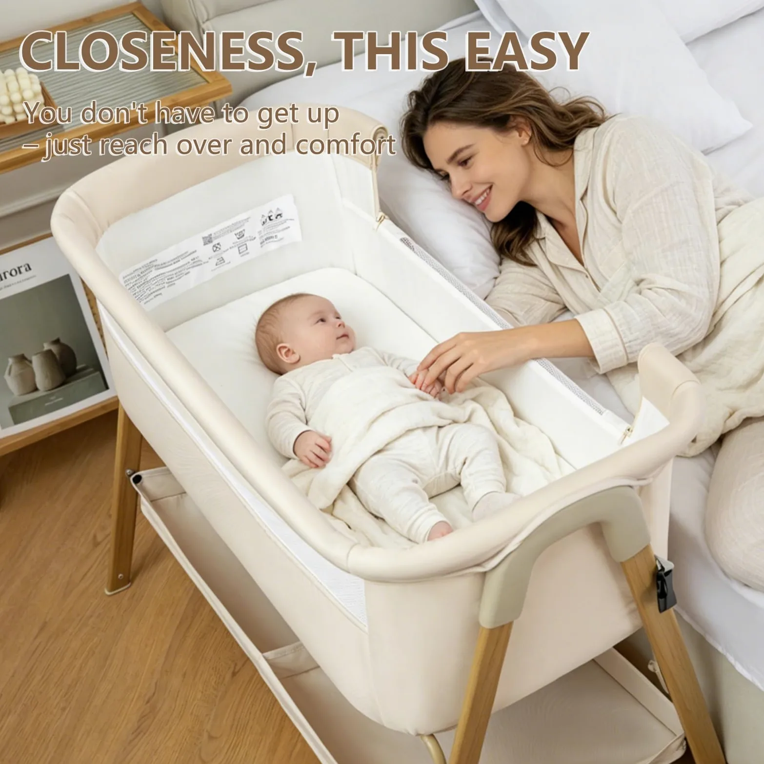Zkiprm Culla Co-sleeping, Culla da affiancare pieghevole, Facile da montare, con Lettino rimovibile, Zanzariera, 4 Ruote bloccabili | Buona Circolazione dell'Aria | Peso max: 9 kg | 0–6 mesi（Beige）