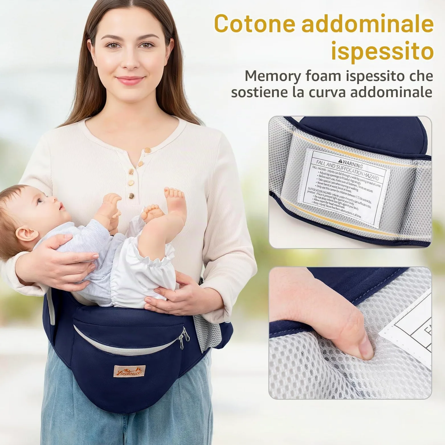 Viedouce Hipseat Marsupio con Protezione per Cintura di Sicurezza,Puro Cotone Leggero e Traspirante,Ergonomico Neonati Marsupio Sicurezza Supporto per Bambino da 4-36 Mesi (Blu Scuro)