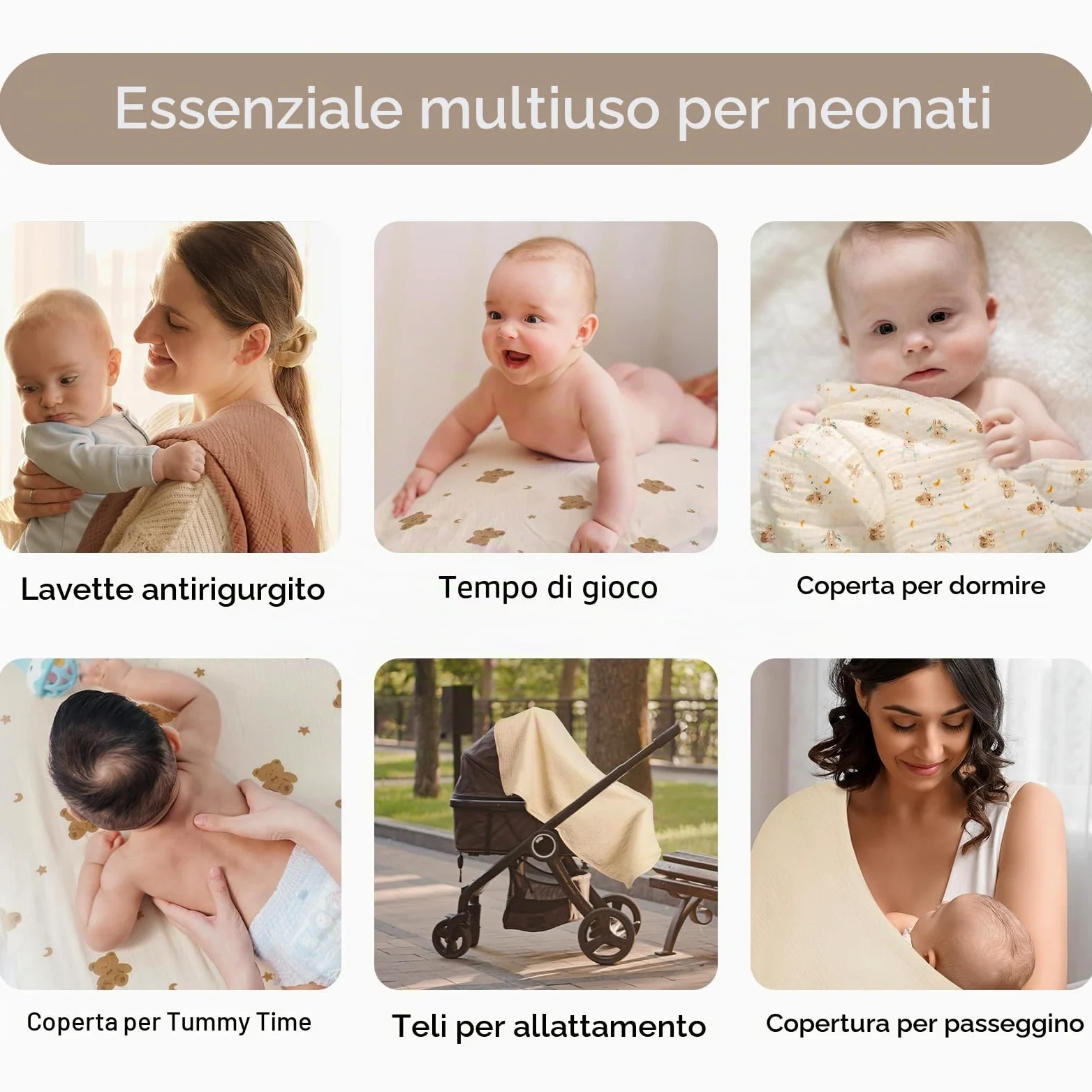 Panni di garza per neonati, 100% cotone, 60 x 60 cm, assorbenti e traspiranti, in mussola, set da 5 pezzi, per neonati, ragazzi e ragazze, orso marrone