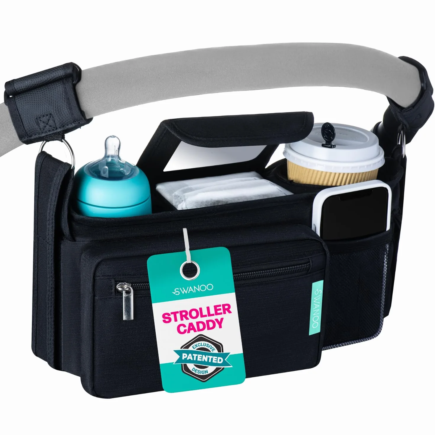 Swanoo - Borsa organizer per passeggino con portabicchieri, cinghie antiscivolo, tasca per telefono, accessori per animali, universale per Uppababby Vista v2 Wonderfold Wagon, Doona e altri.