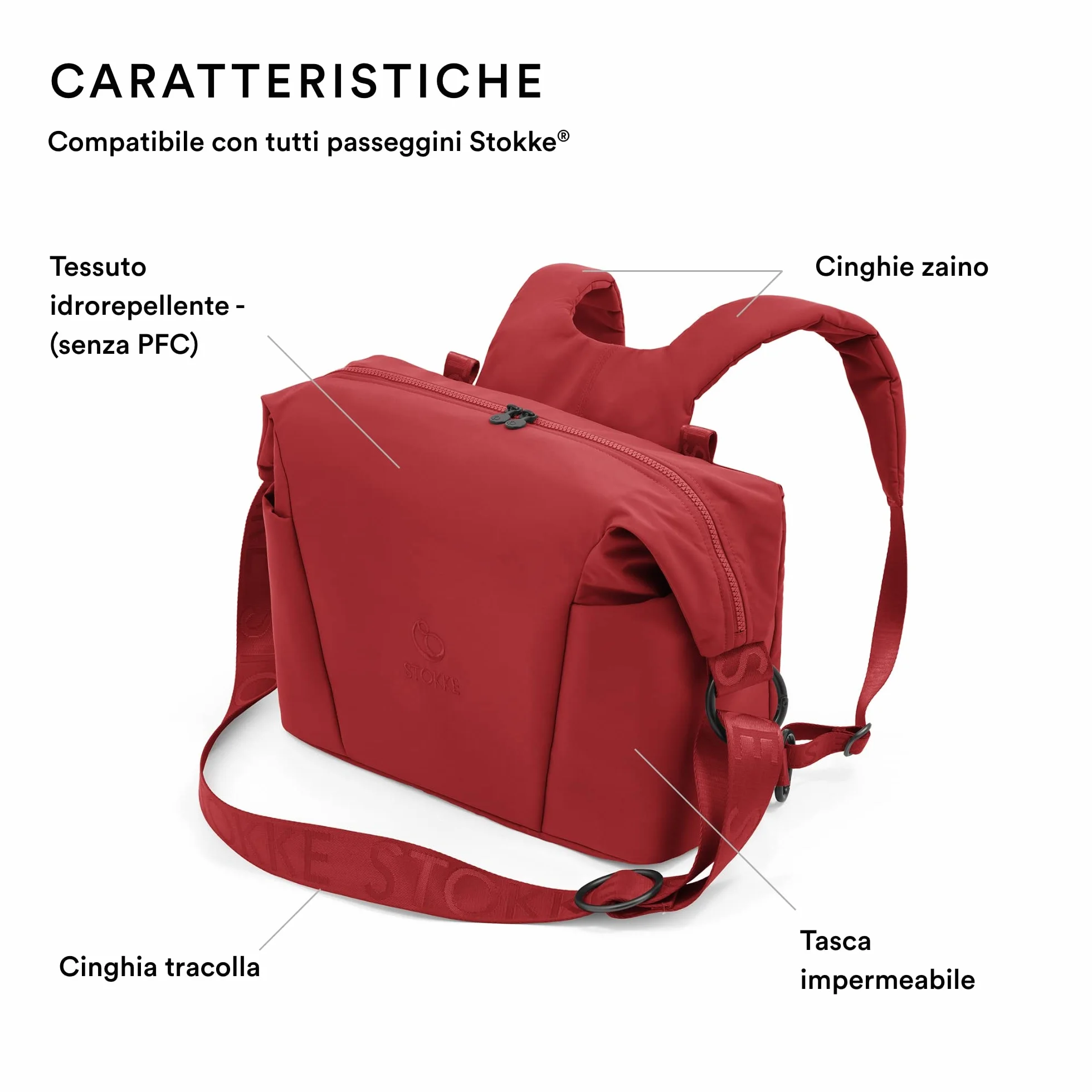 Stokke Borsa per il cambio Xplory X, Ruby Red - Può essere portata a spalla o come zaino - Include un materassino per il cambio pieghevole - UPF 50+, Idrorepellente, Facile da pulire