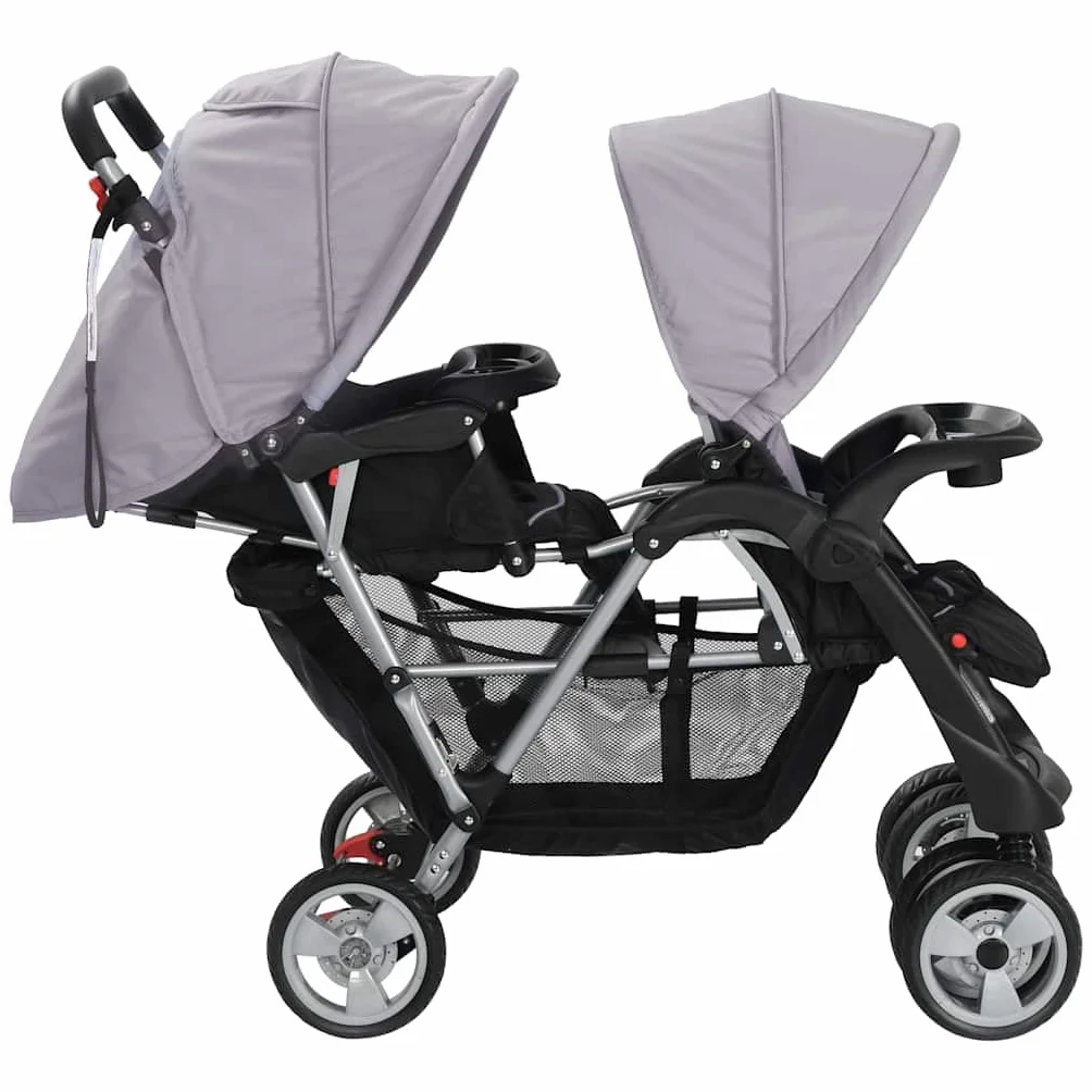vidaXL Passeggino Gemellare a Tandem in Acciaio Grigio e Nero Carrozzina Bimbi