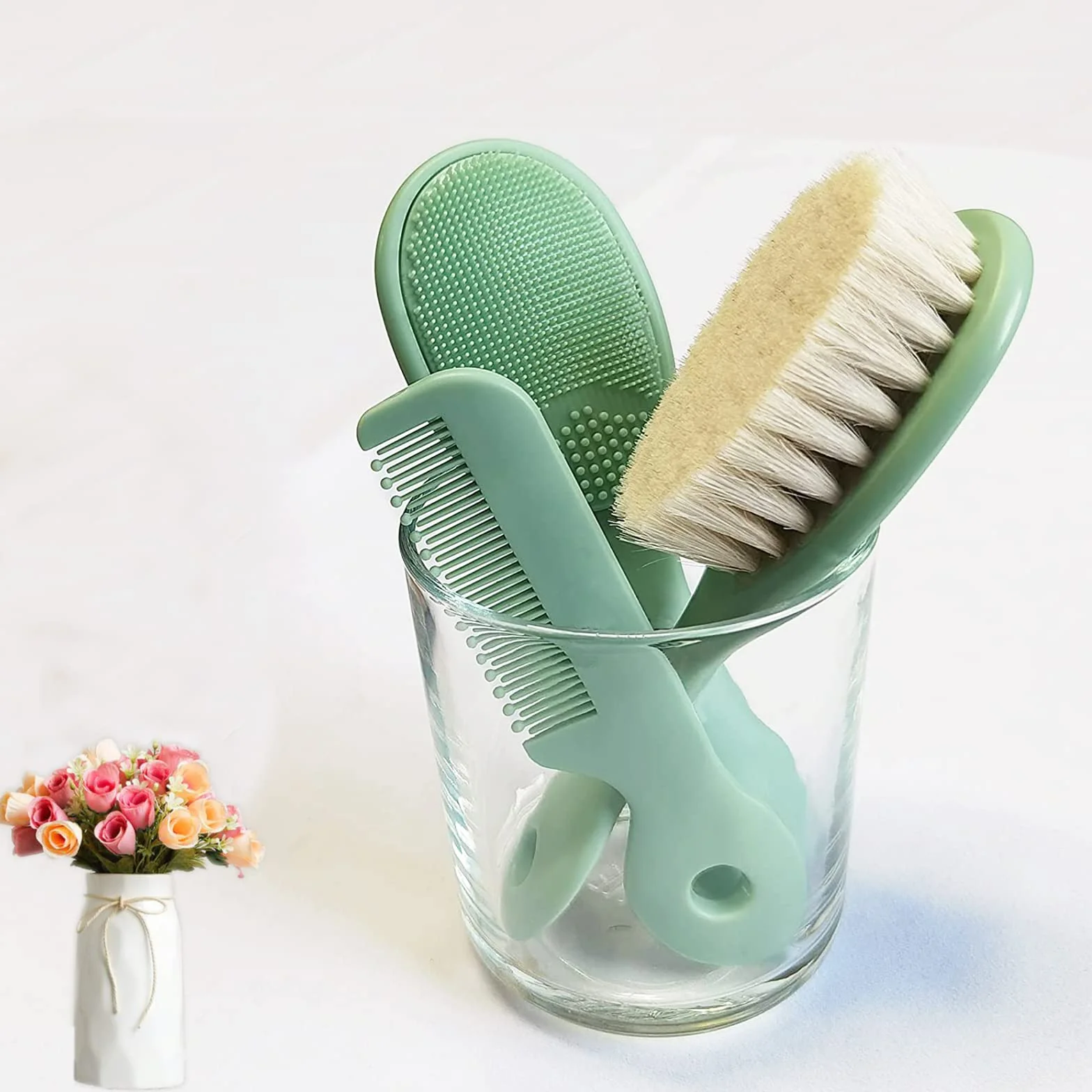 Set di 3 spazzole per capelli e pettini per neonati e bambini, con morbide setole di capra, spazzola da bagno in silicone e pettine per neonati e bambini, regalo perfetto per la lista dei