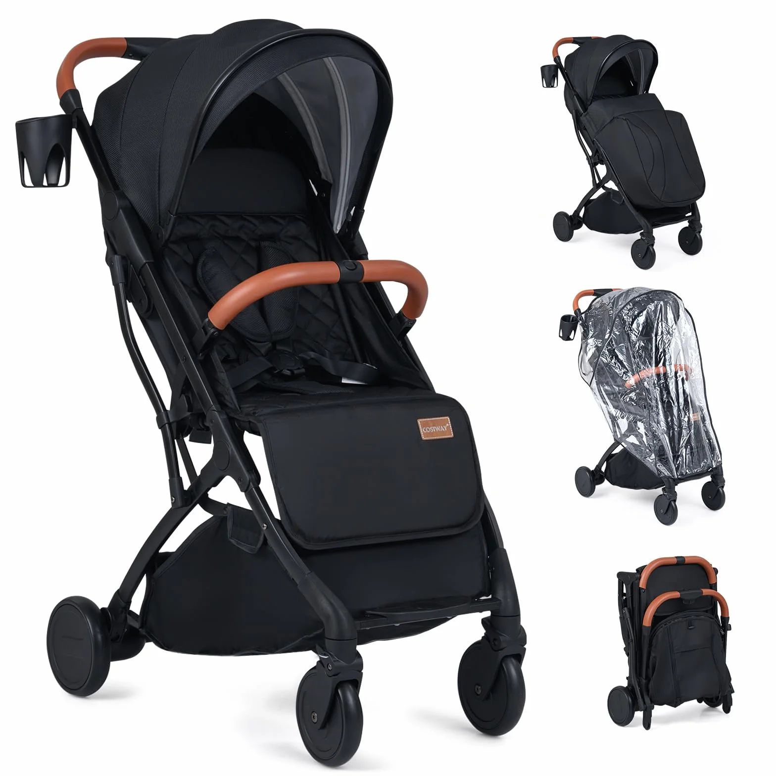 COSTWAY Passeggino Leggero per Neonati con Tettuccio, Schienale e Poggiapiedi Reclinabili, Passeggino Pieghevole con Portabicchieri, Cestello Portaoggetti, per Bambini 0-3 Anni (Nero)