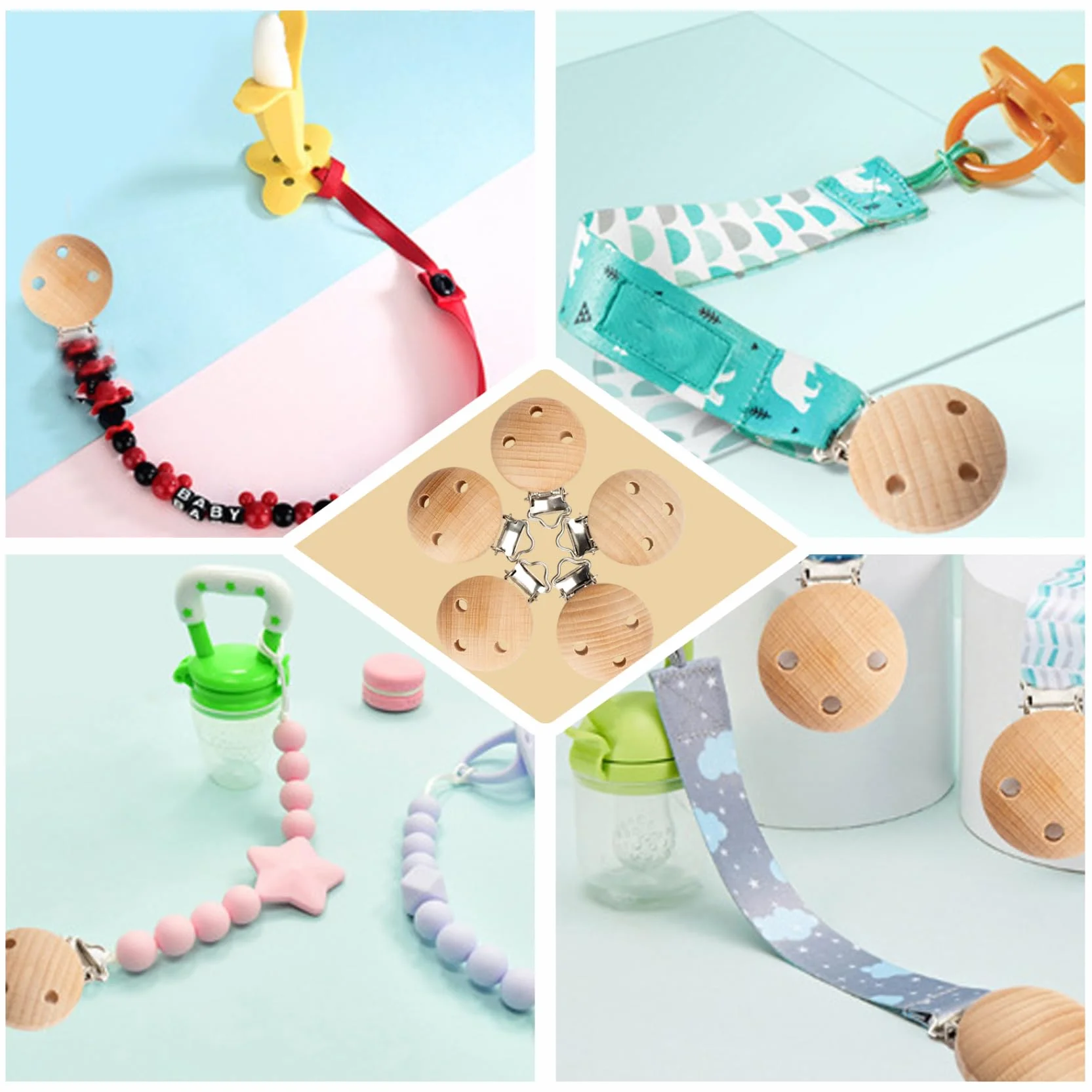 Clip per ciuccio in legno da 5 pezzi da 1, 2 pollici di diametro per ragazzi e ragazze, porta ciuccio portatile facile da usare e pulire con fori per giocattolo massaggiagengive, clip per bambini
