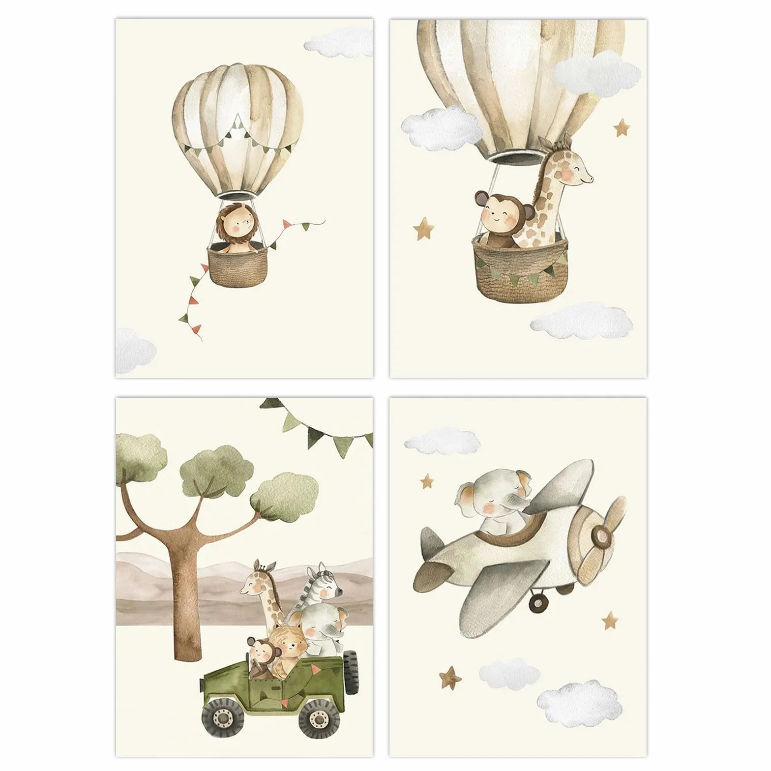 YunBey Set di 4 Poster per Bambini Cameretta A4 Quadri Animali della Giungla senza Cornice Immagini Decorativi per Cameretta Ragazzi e Ragazze