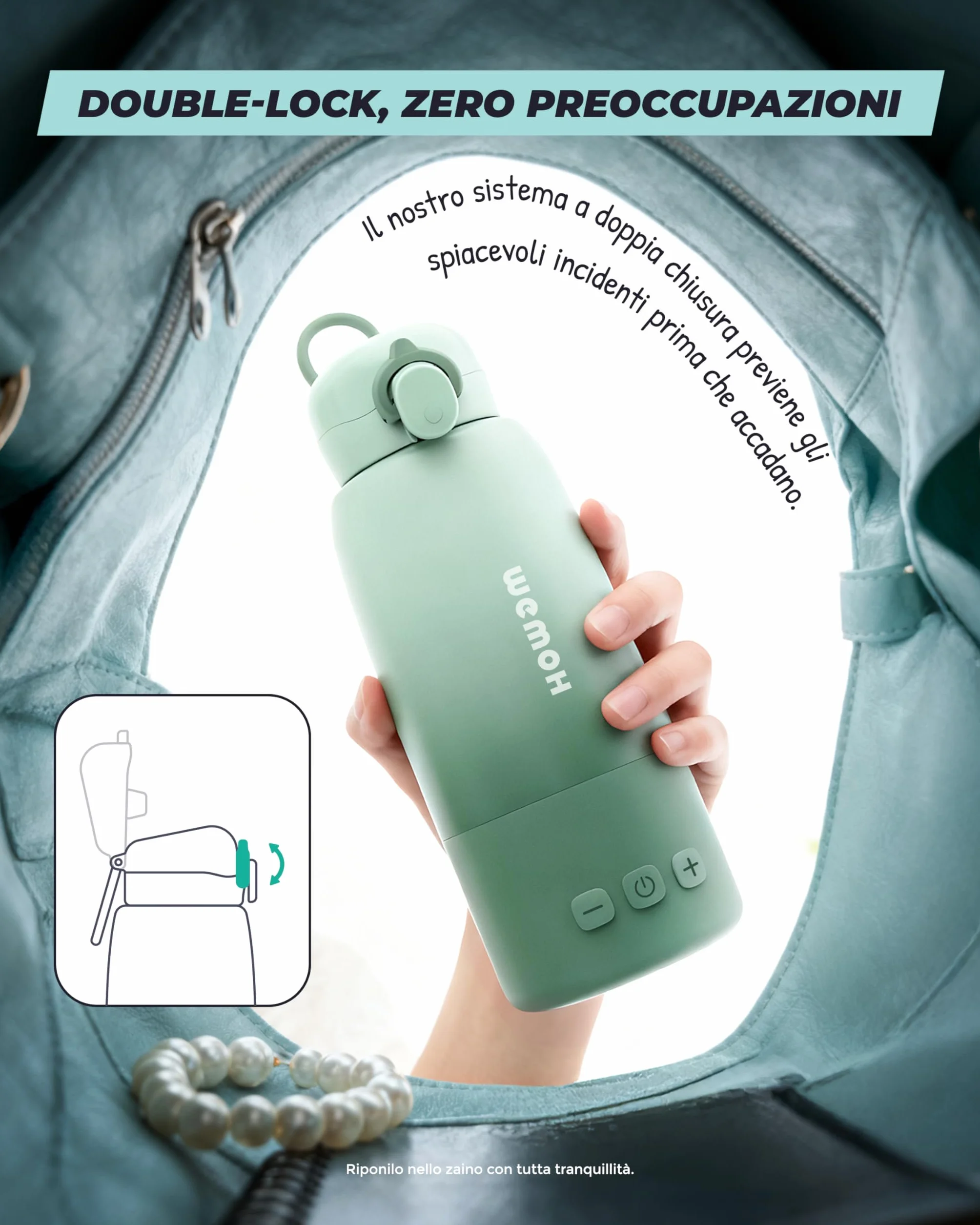 Scalda Latte Portatile: Autopulente, controllo temperatura, 8 poppate/carica, 450ml, 100W per latte materno, formula e acqua
