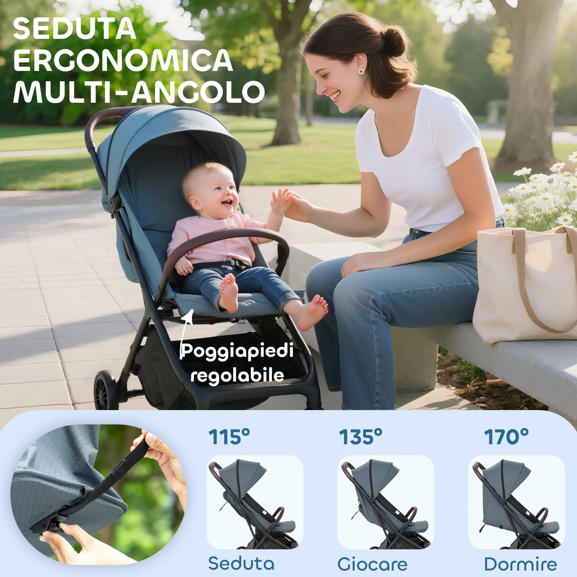 AIYAPLAY Passeggino Leggero 6.3kg per Bambini 0-3 Anni Pieghevole una Mano, Passeggino Compatto Reclinabile con Poggiapiedi Regolabile e Cappottina, Ruote e Cesto Portaoggetti, Fino a 15 kg, Blu